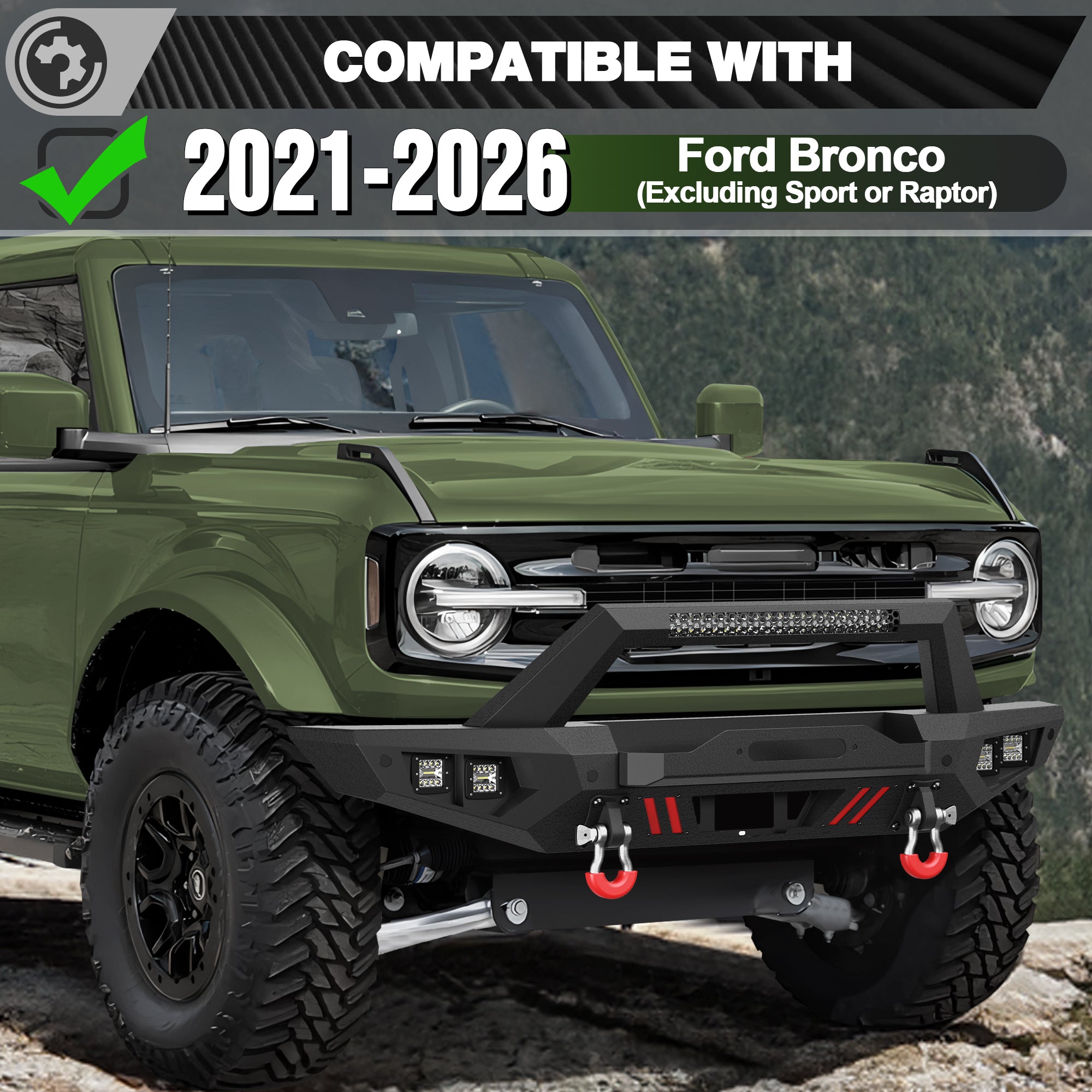 Bronco Front Bumper for 2021-2026 Ford Bronco | Off-Road Front Bumper with Winch Plate, LED Lights, D-Ring & Sensor Holes (Excludes Bronco Sport & Raptor)