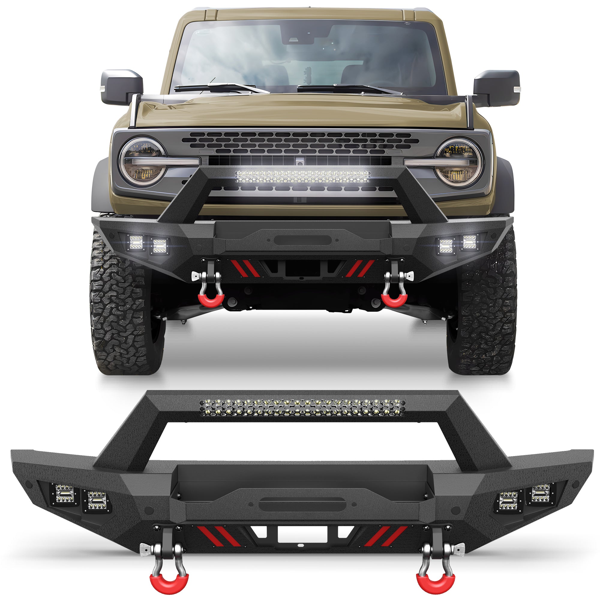 Bronco Front Bumper for 2021-2026 Ford Bronco | Off-Road Front Bumper with Winch Plate, LED Lights, D-Ring & Sensor Holes (Excludes Bronco Sport & Raptor)