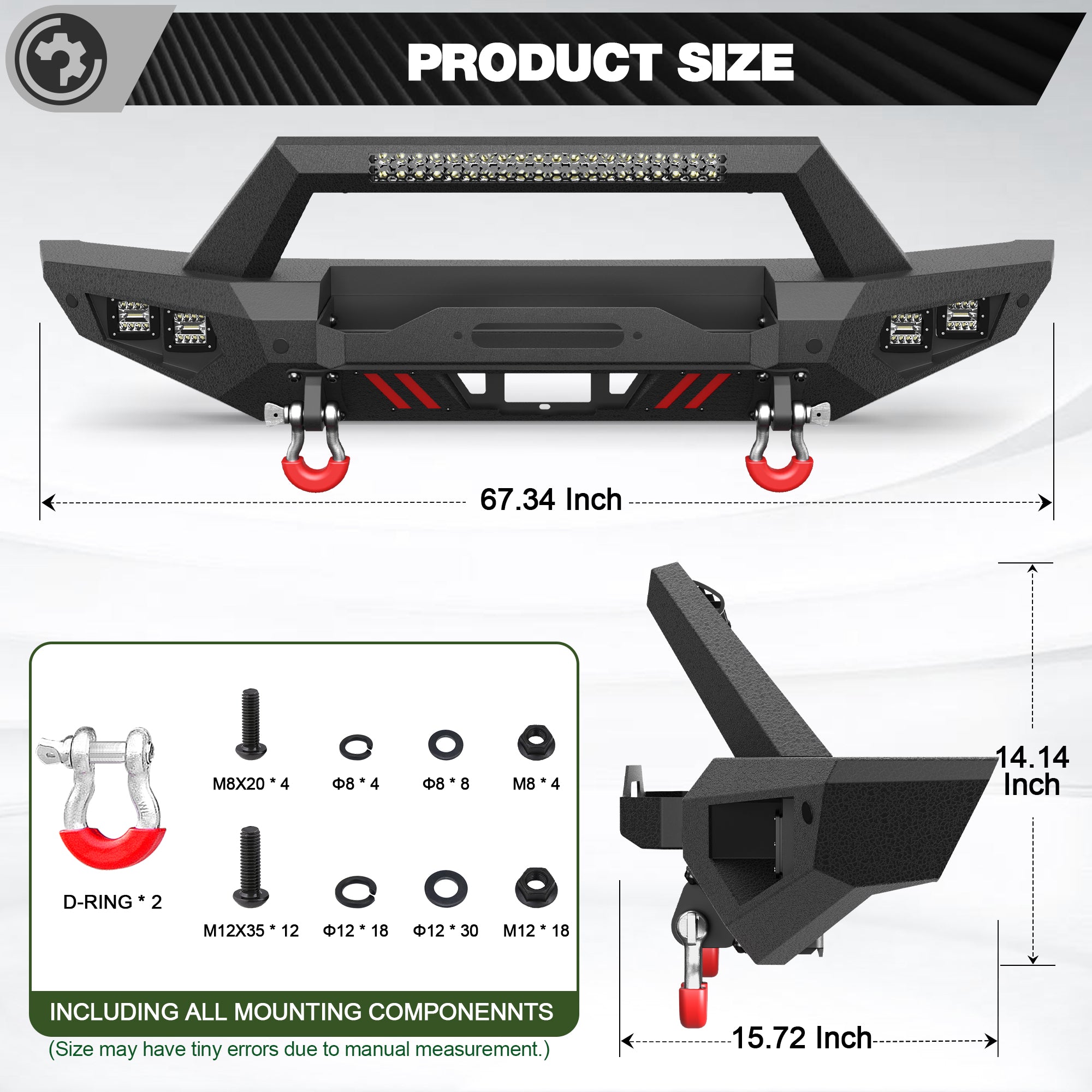 Bronco Front Bumper for 2021-2026 Ford Bronco | Off-Road Front Bumper with Winch Plate, LED Lights, D-Ring & Sensor Holes (Excludes Bronco Sport & Raptor)