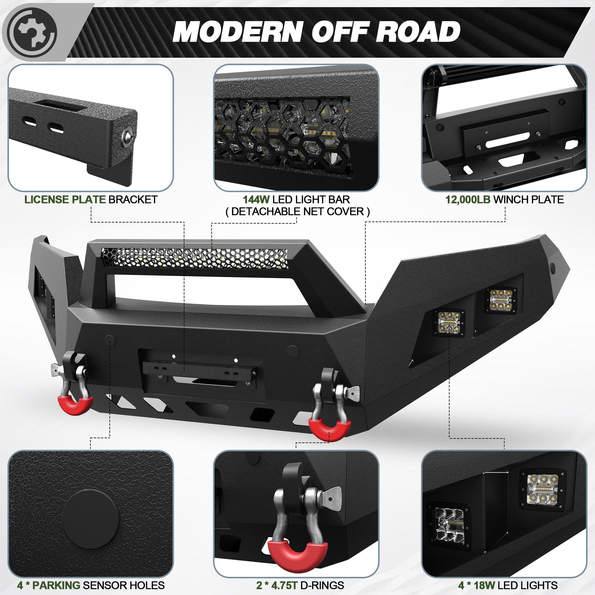 Colorado Front Bumper and Rear Bumper Kit for 2015-2020 Chevy Colorado | Heavy-Duty Steel Bumper Set with Winch Plate, LED Lights, D-Rings & License Plate Bracket (Excludes ZR2)