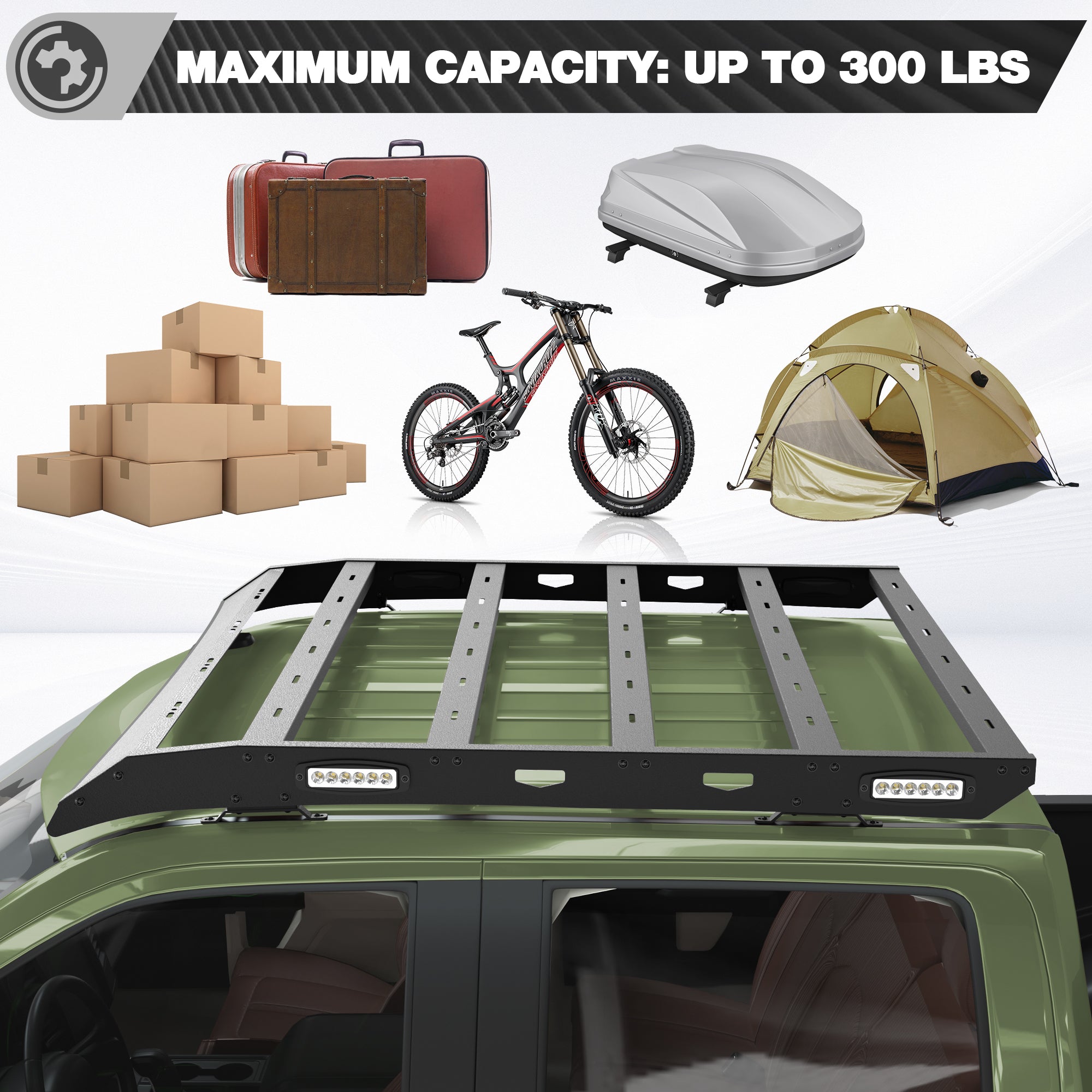 F150 Roof Rack Top Cargo Carrier with Side LED Lights Compatible with 2009 2010 2011 2012 2013 2014 Ford F150 7th Gen SuperCrew (4 Doors Only)