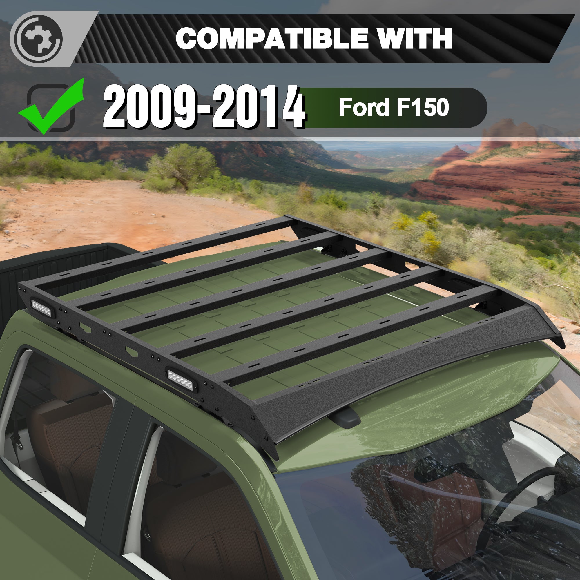 F150 Roof Rack Top Cargo Carrier with Side LED Lights Compatible with 2009 2010 2011 2012 2013 2014 Ford F150 7th Gen SuperCrew (4 Doors Only)