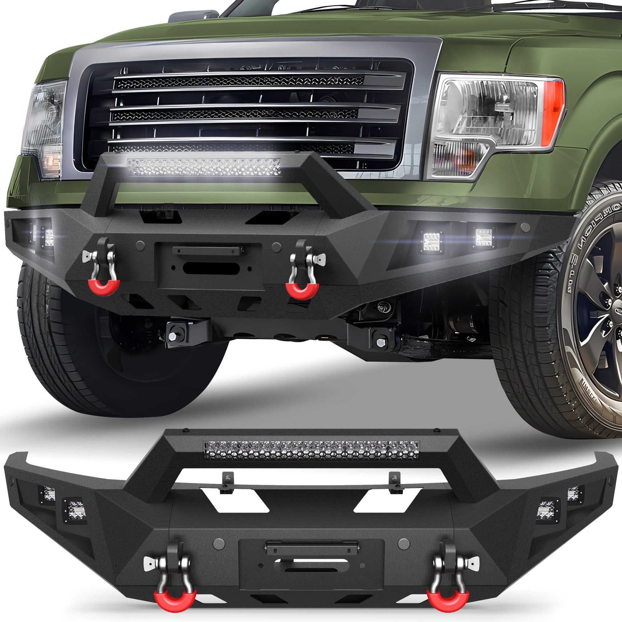 Front Bumper for 2009-2014 Ford F-150 | Heavy-Duty Steel Front Bumper with Winch Plate, LED Lights, D-Ring & License Plate Bracket (Excludes Raptor)