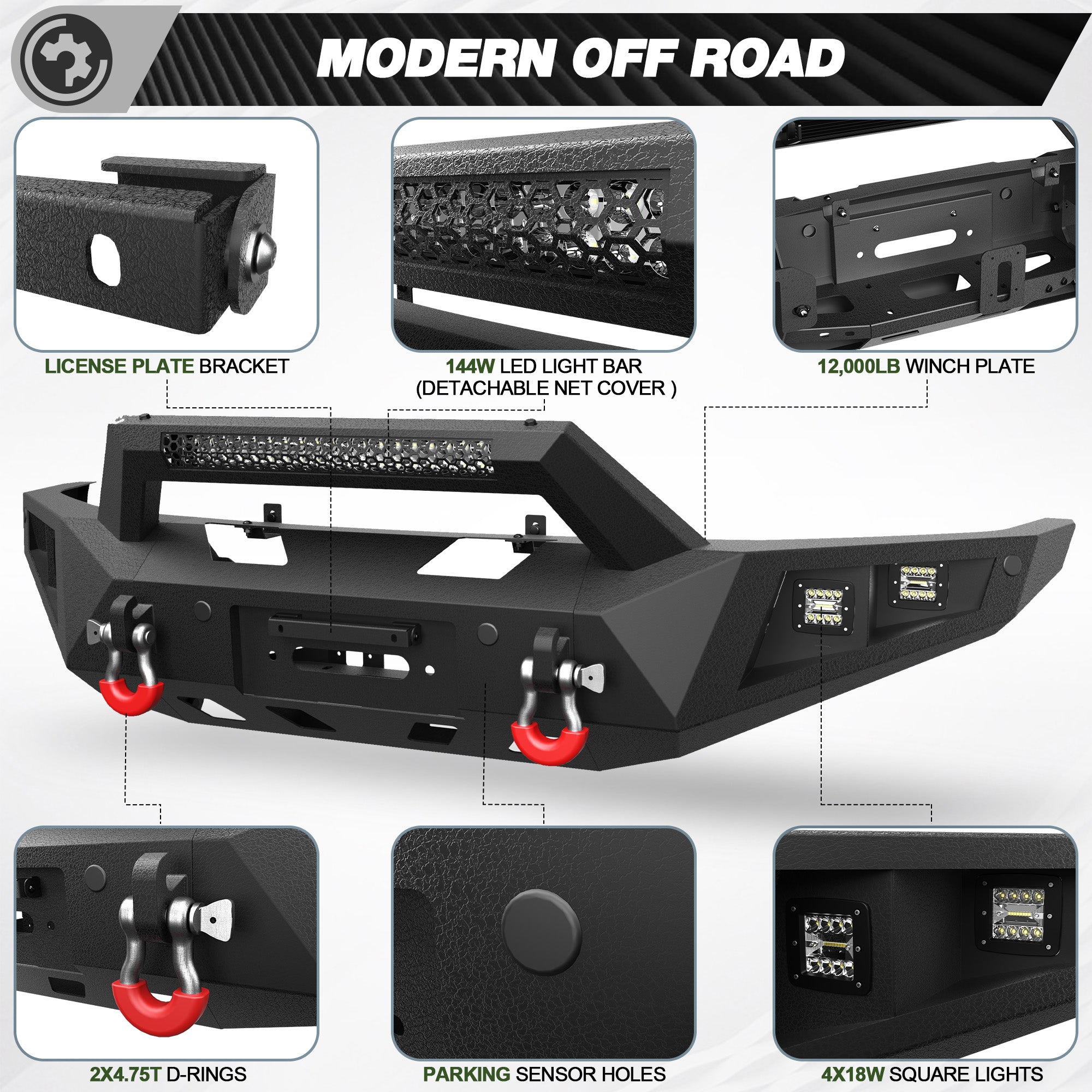 Front Bumper for 2009-2014 Ford F-150 | Heavy-Duty Steel Front Bumper with Winch Plate, LED Lights, D-Ring & License Plate Bracket (Excludes Raptor)