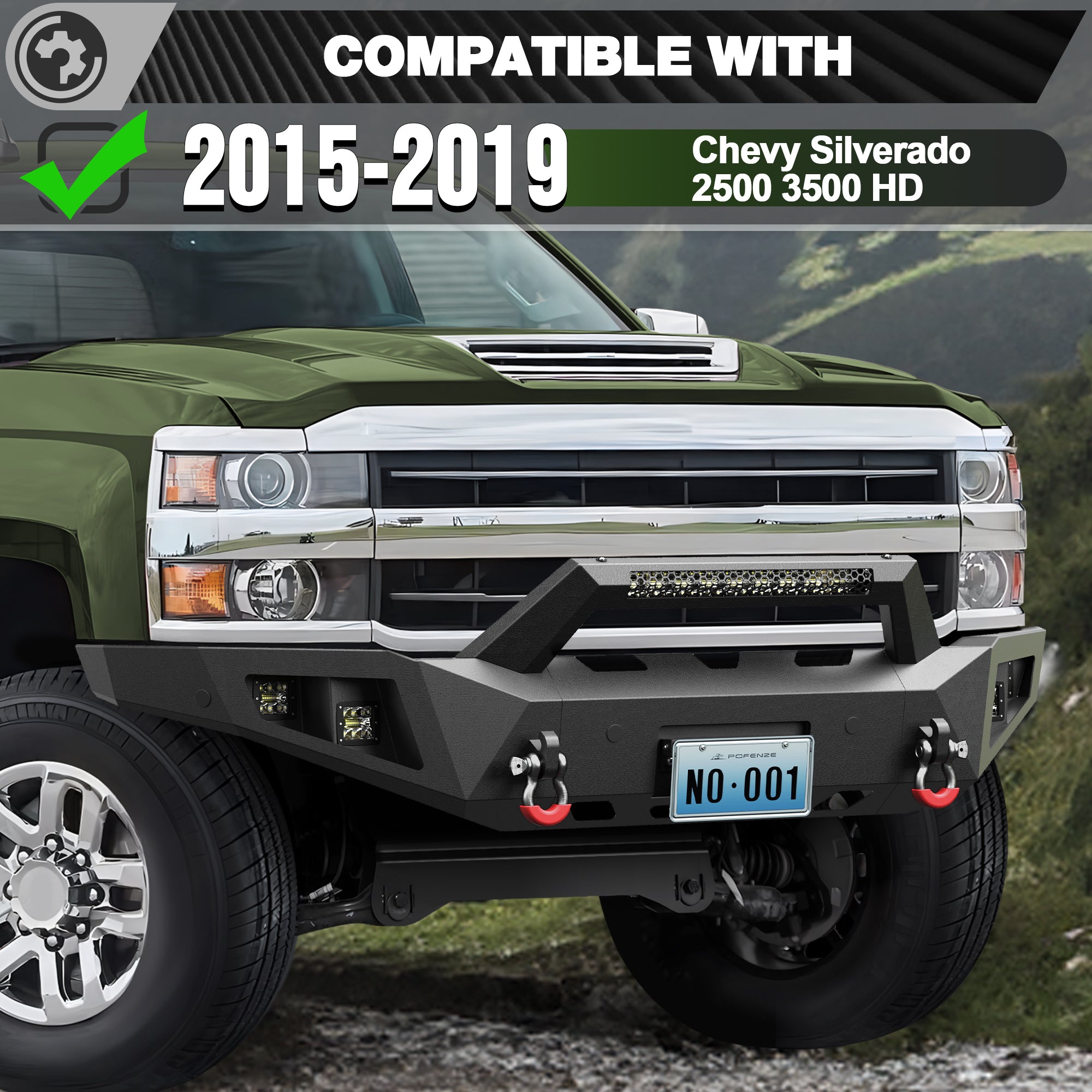 Front Bumper for 2015 2016 2017 2018 2019 Chevy Silverado 2500HD 3500HD | Heavy-Duty Steel Front Bumper with Winch Plate, LED Lights, D-Ring & Parking Sensor Holes