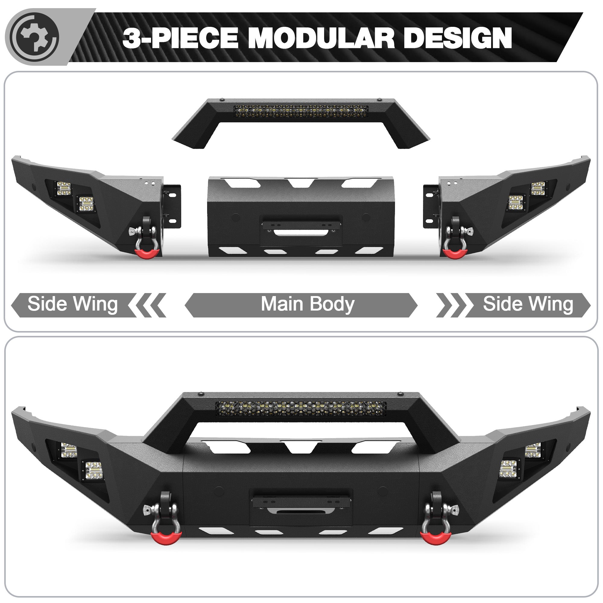 Front Bumper for 2015 2016 2017 2018 2019 Chevy Silverado 2500HD 3500HD | Heavy-Duty Steel Front Bumper with Winch Plate, LED Lights, D-Ring & Parking Sensor Holes