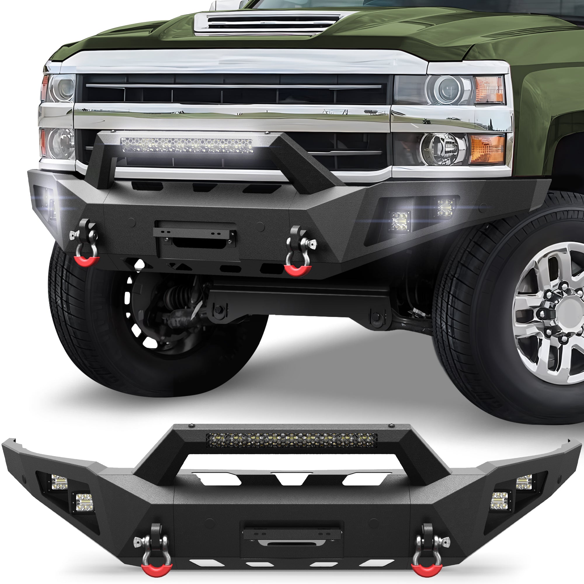 Front Bumper for 2015 2016 2017 2018 2019 Chevy Silverado 2500HD 3500HD | Heavy-Duty Steel Front Bumper with Winch Plate, LED Lights, D-Ring & Parking Sensor Holes