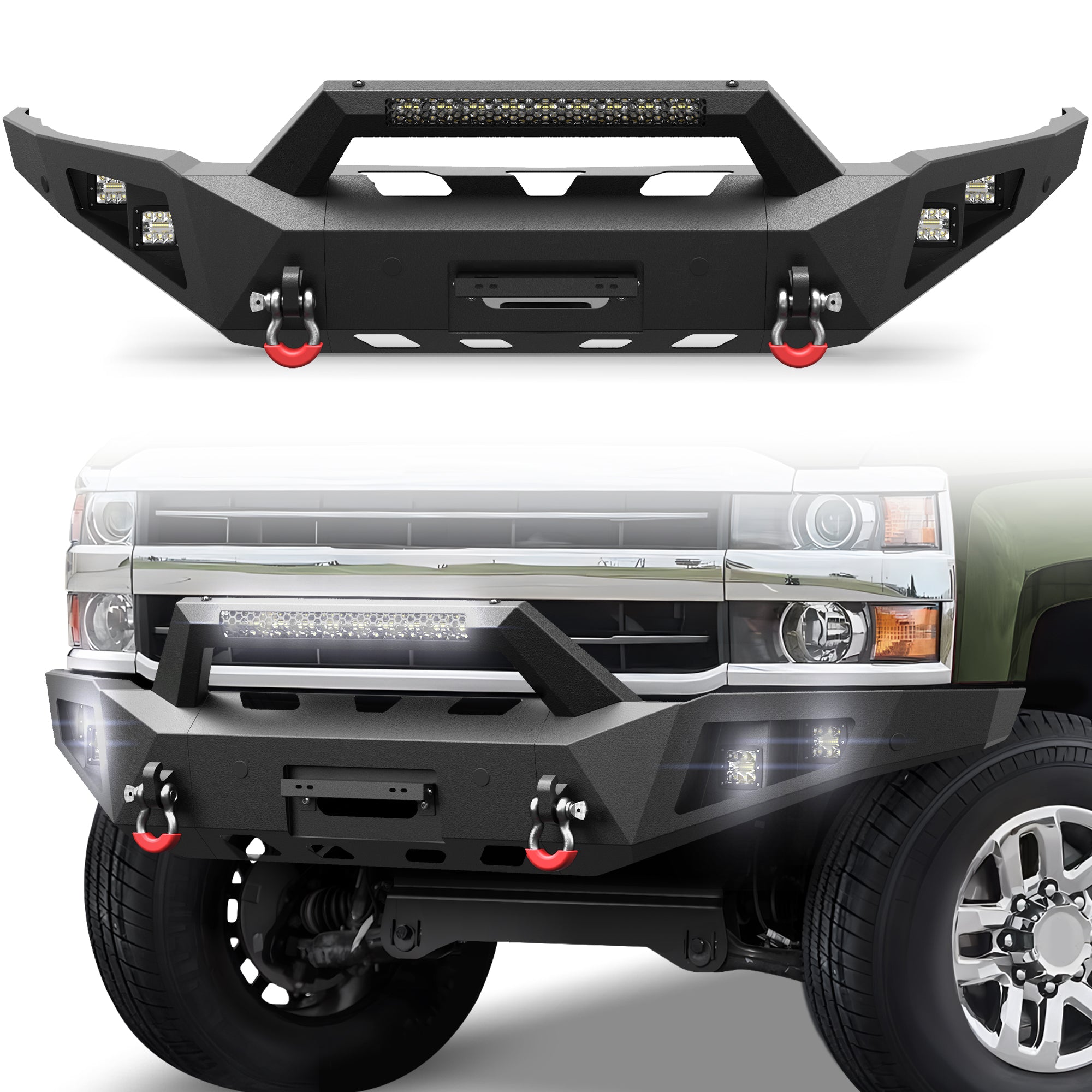 Front Bumper for 2015 2016 2017 2018 2019 Chevy Silverado 2500HD 3500HD | Heavy-Duty Steel Front Bumper with Winch Plate, LED Lights, D-Ring & Parking Sensor Holes