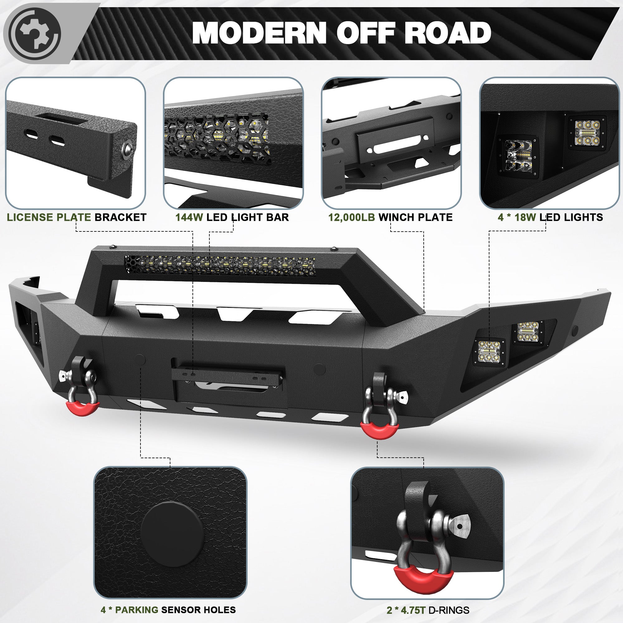 Front Bumper for 2015 2016 2017 2018 2019 Chevy Silverado 2500HD 3500HD | Heavy-Duty Steel Front Bumper with Winch Plate, LED Lights, D-Ring & Parking Sensor Holes