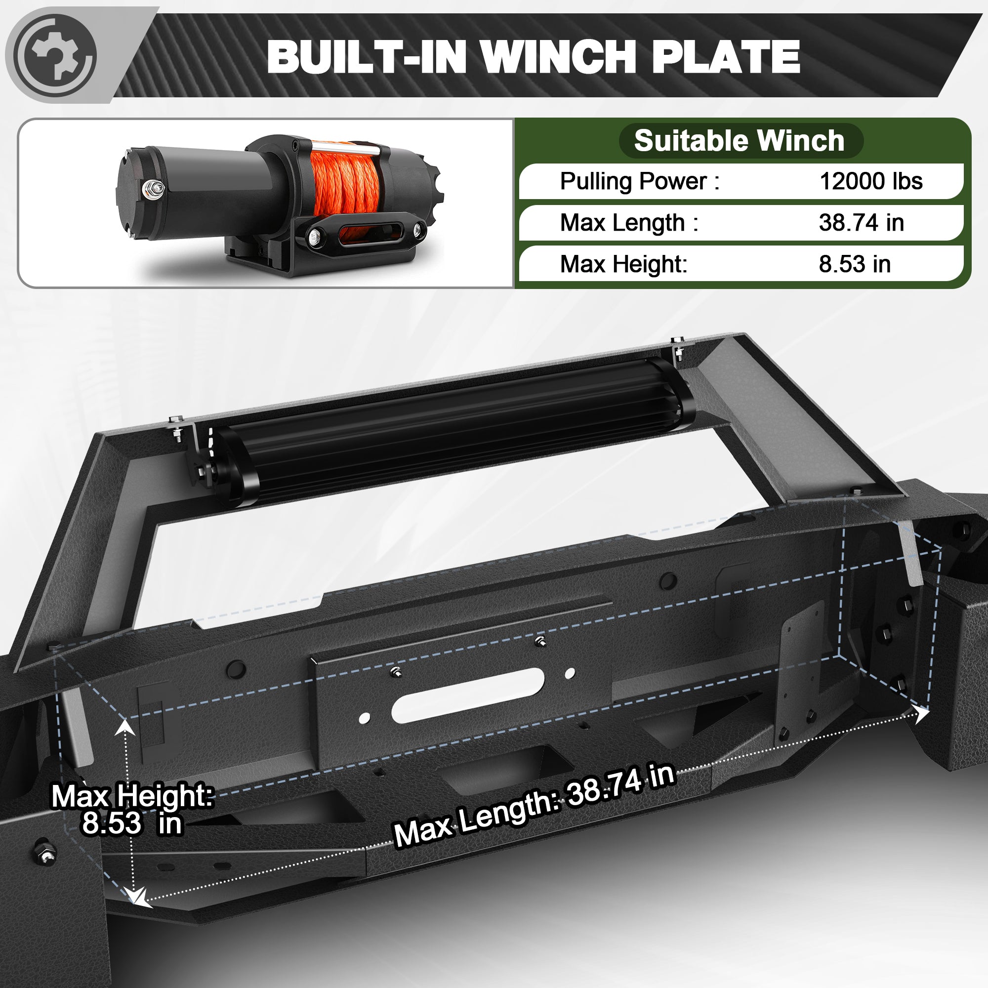 Front Bumper for 2021 2022 2023 2024 2025 Ram 1500 TRX | Heavy-Duty Steel Front Bumper with Winch Plate, LED Lights, D-Ring & Parking Sensor Holes