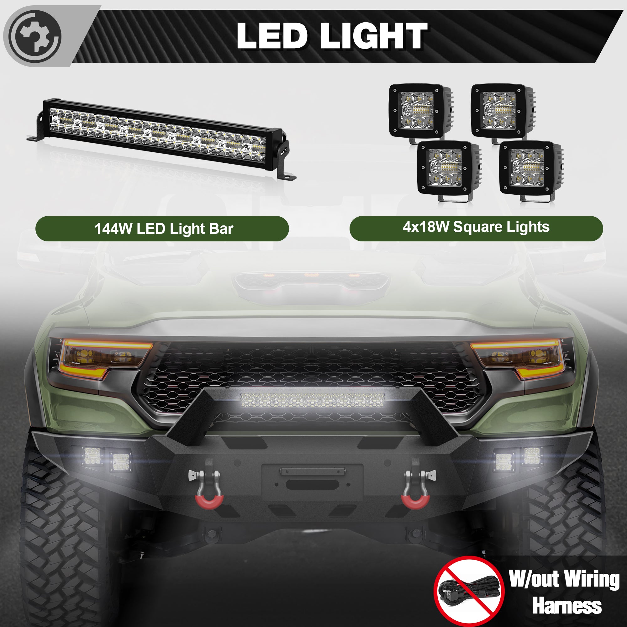 Front Bumper for 2021 2022 2023 2024 2025 Ram 1500 TRX | Heavy-Duty Steel Front Bumper with Winch Plate, LED Lights, D-Ring & Parking Sensor Holes