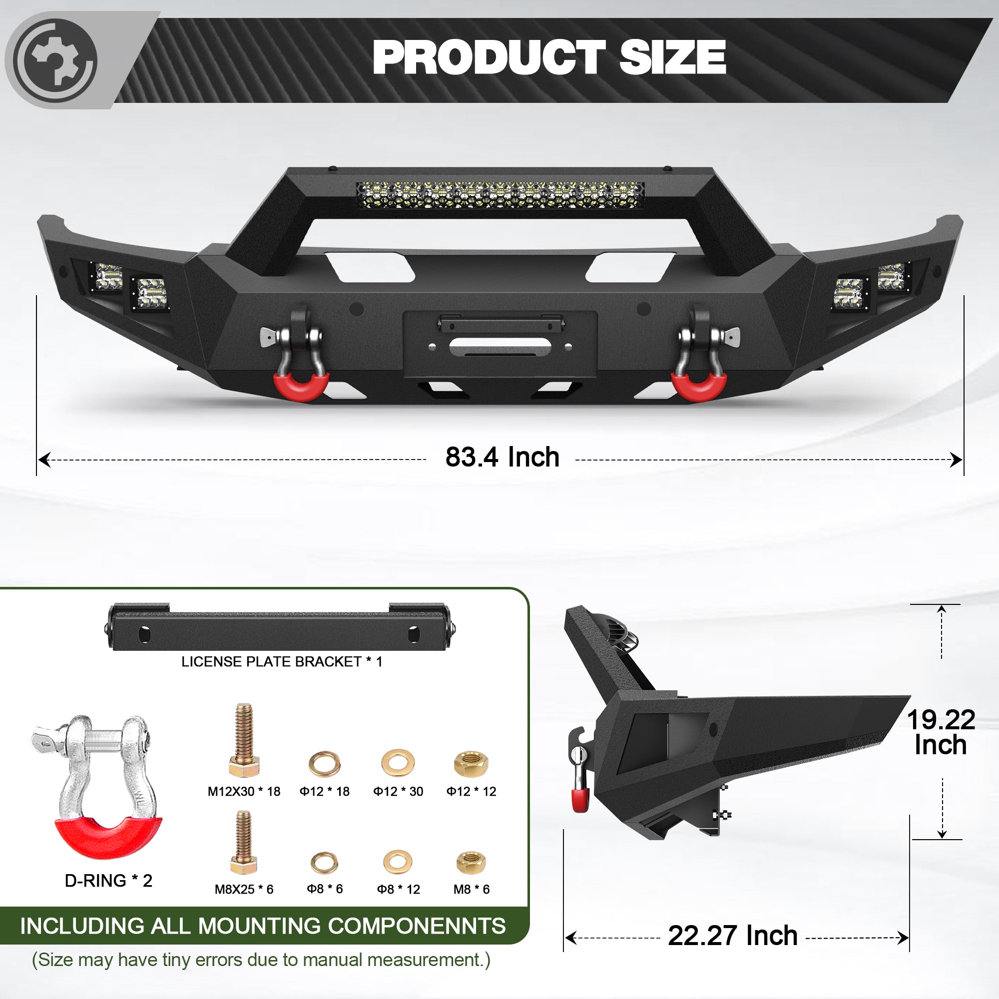 Front Bumper for 2021 2022 2023 2024 2025 Ram 1500 TRX | Heavy-Duty Steel Front Bumper with Winch Plate, LED Lights, D-Ring & Parking Sensor Holes