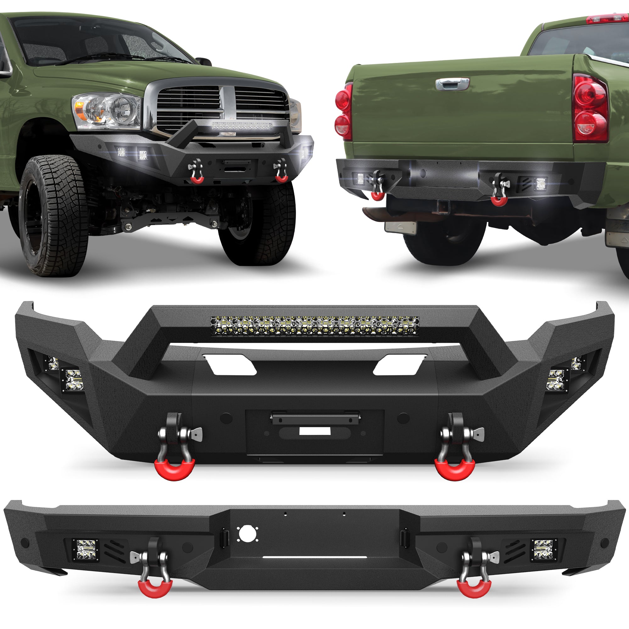 Ram 1500 Front & Rear Bumper Kit for 2006 2007 2008 Ram 1500 | Heavy-Duty Steel Bumper Set with Winch Plate, LED Lights, D-Ring & License Plate Bracket (Excluding Mega Cab)