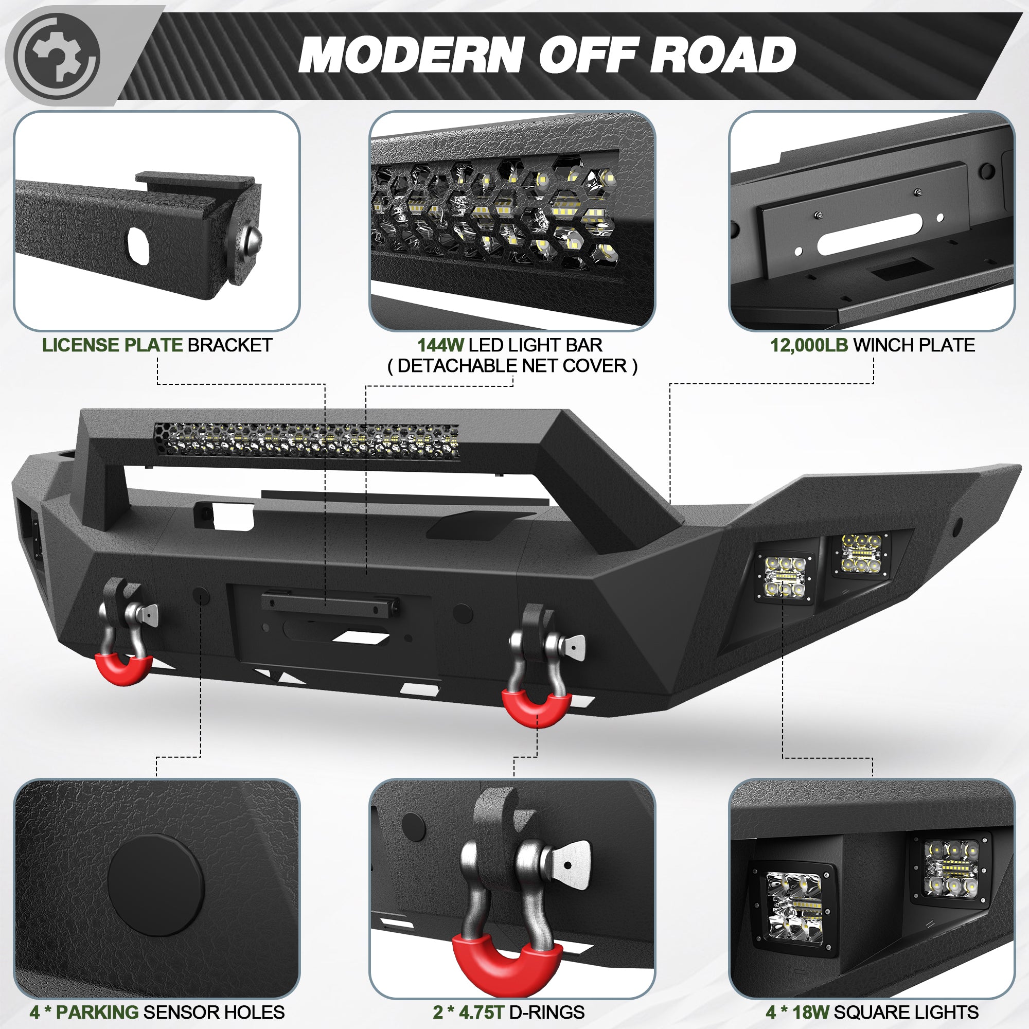 Ram 1500 Front & Rear Bumper Kit for 2006 2007 2008 Ram 1500 | Heavy-Duty Steel Bumper Set with Winch Plate, LED Lights, D-Ring & License Plate Bracket (Excluding Mega Cab)