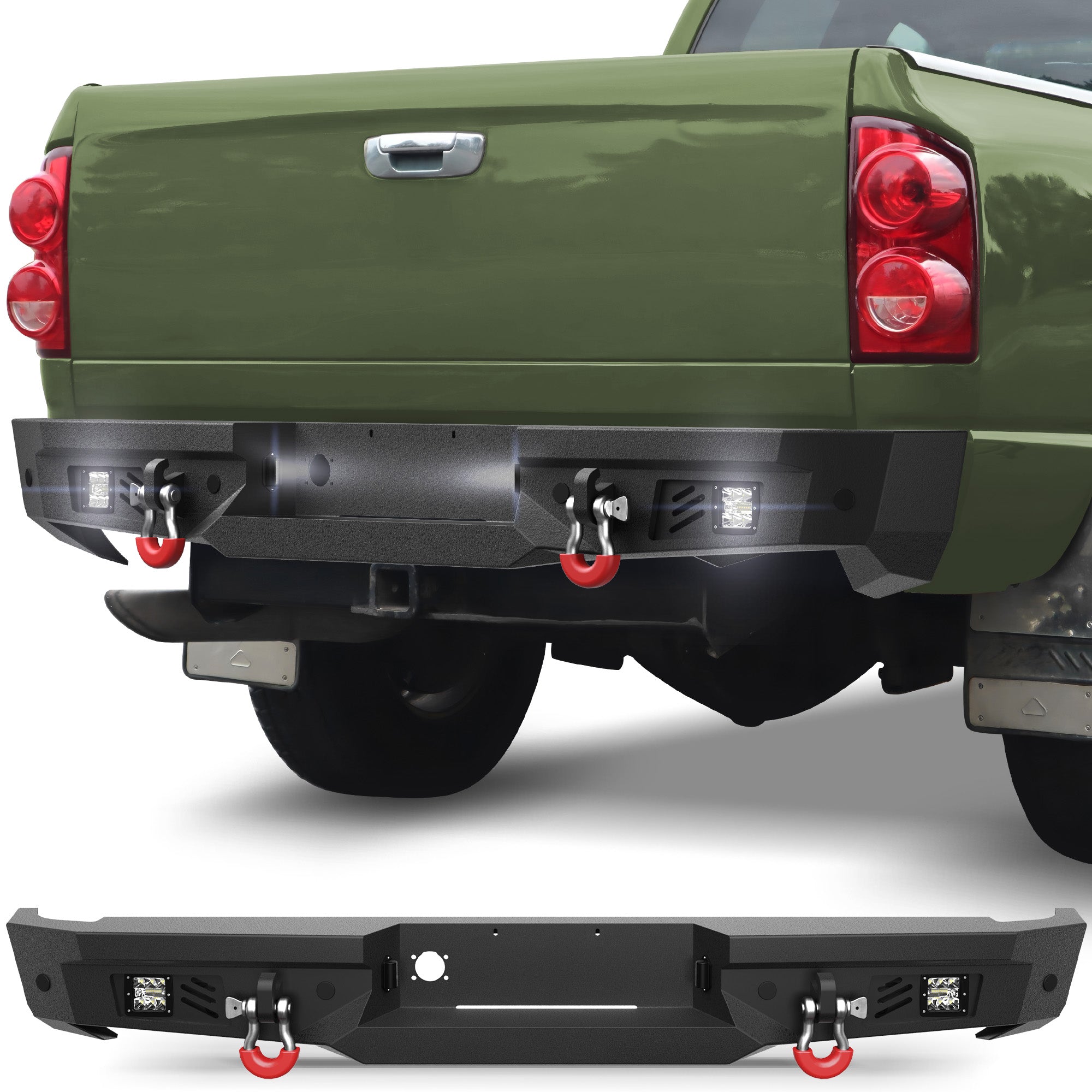 Ram Rear Bumper for 2002-2008 Ram 1500 & 2003-2009 Ram 2500/3500 | Heavy-Duty Steel Rear Bumper with Step Plate, LED Lights, D-Ring & Parking Sensor Holes