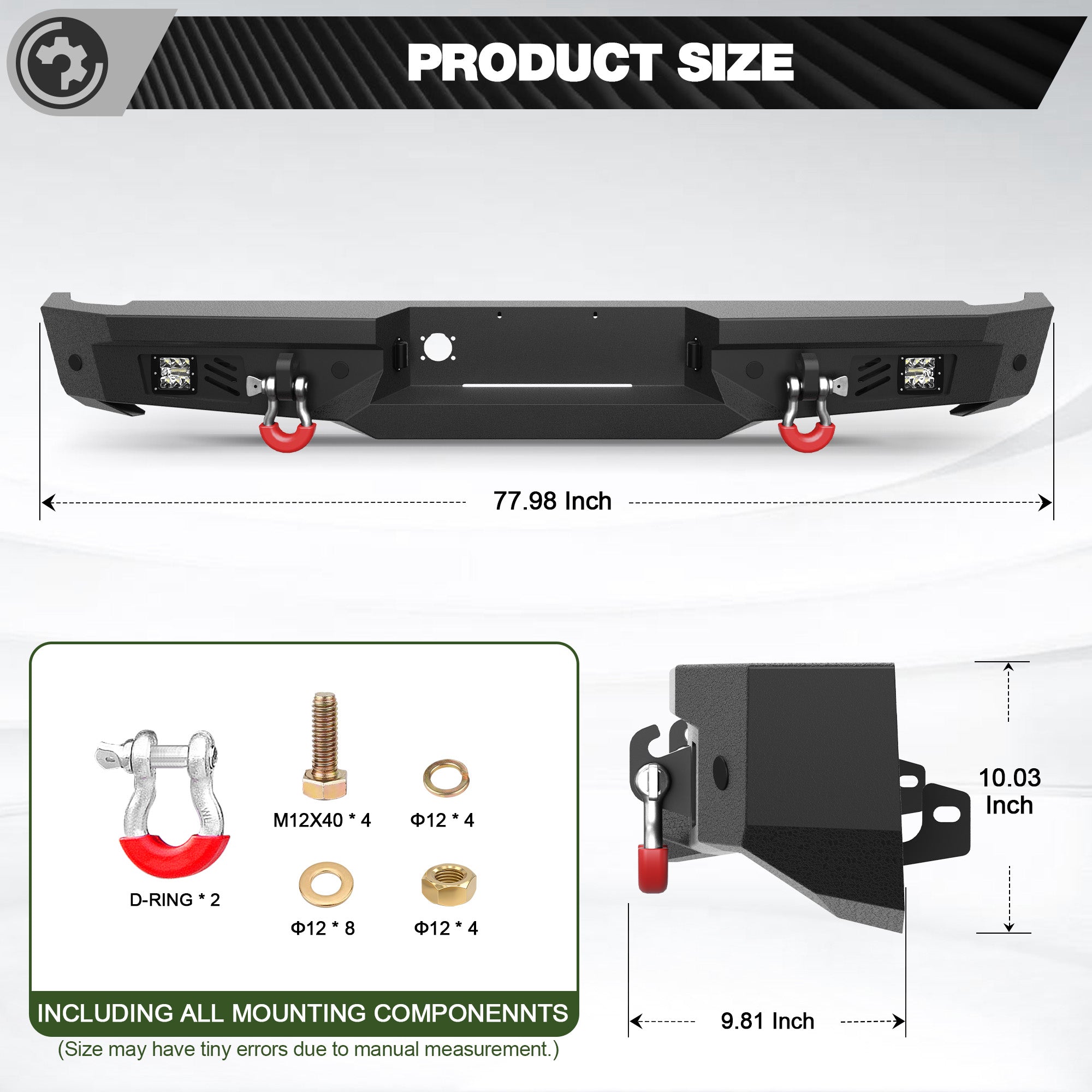 Ram Rear Bumper for 2002-2008 Ram 1500 & 2003-2009 Ram 2500/3500 | Heavy-Duty Steel Rear Bumper with Step Plate, LED Lights, D-Ring & Parking Sensor Holes