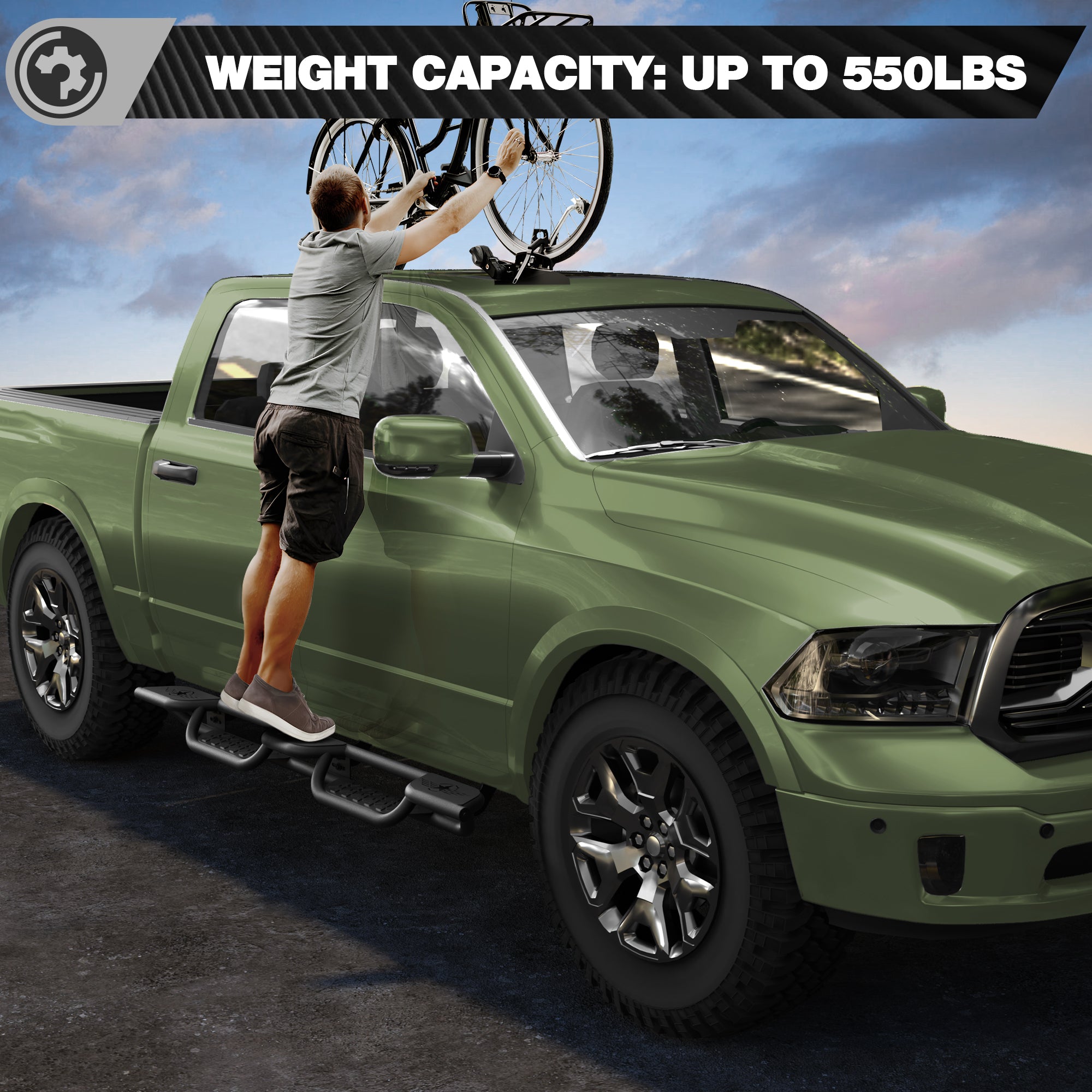 Running Boards for 2009-2018 Ram 1500 Quad Cab | Wide 3-Step Nerf Bars, Heavy-Duty Carbon Steel, 550 lbs Load Capacity, Anti-Slip Side Steps