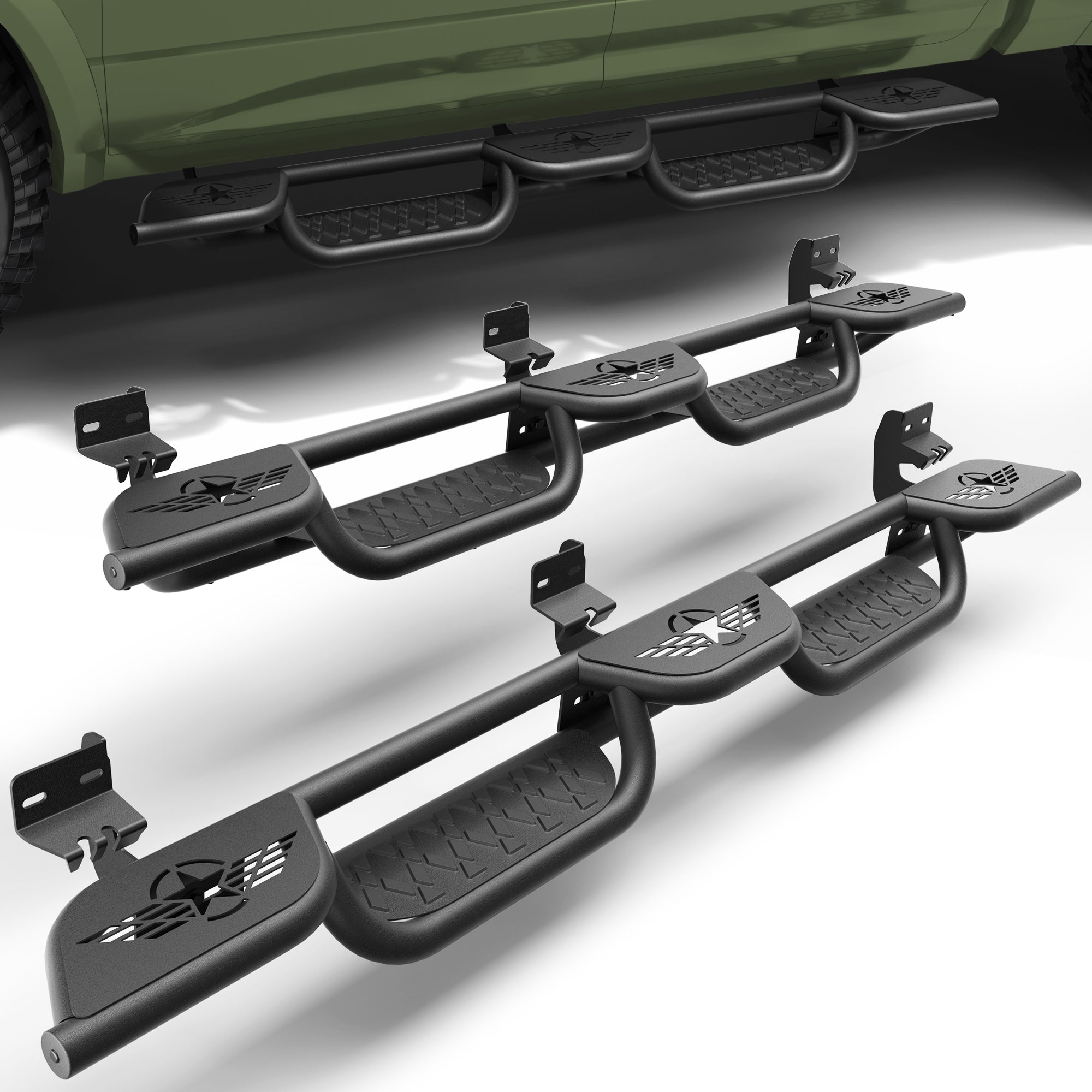 Running Boards for 2009-2018 Ram 1500 Quad Cab | Wide 3-Step Nerf Bars, Heavy-Duty Carbon Steel, 550 lbs Load Capacity, Anti-Slip Side Steps