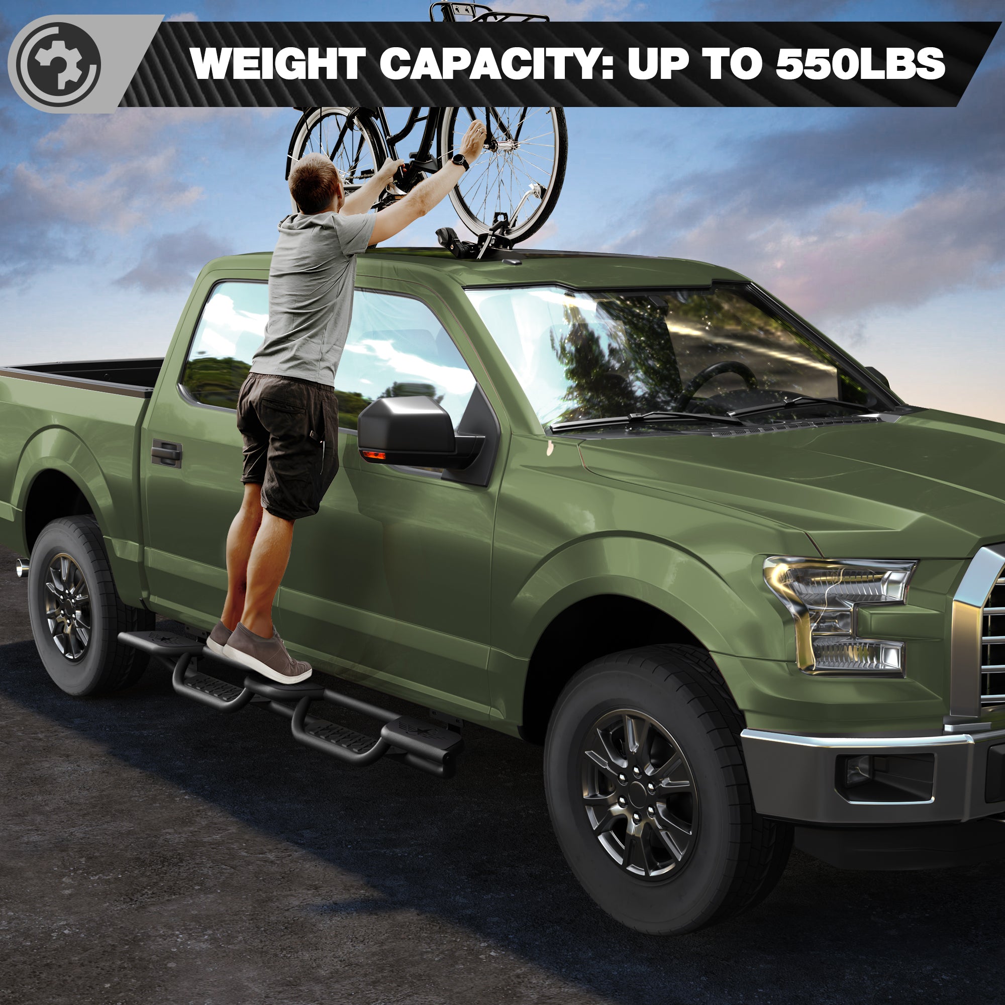 Running Boards for 2015-2025 Ford F-150 SuperCrew & 2017-2025 Ford F-250/F-350 Super Duty Crew Cab | 3-Step Side Steps, Heavy-Duty Carbon Steel, 550 lbs Load Capacity