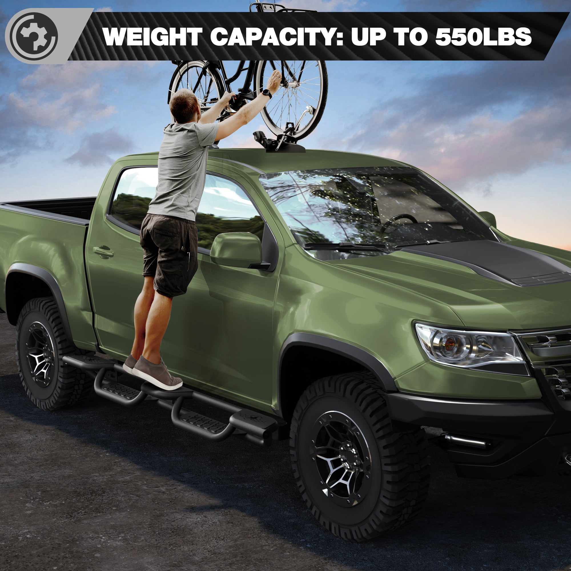 Running Boards for 2015-2026 Chevy Colorado & GMC Canyon Crew Cab | Wide 3-Step Nerf Bars, Heavy-Duty Carbon Steel, 550 lbs Load Capacity, Anti-Slip Side Steps