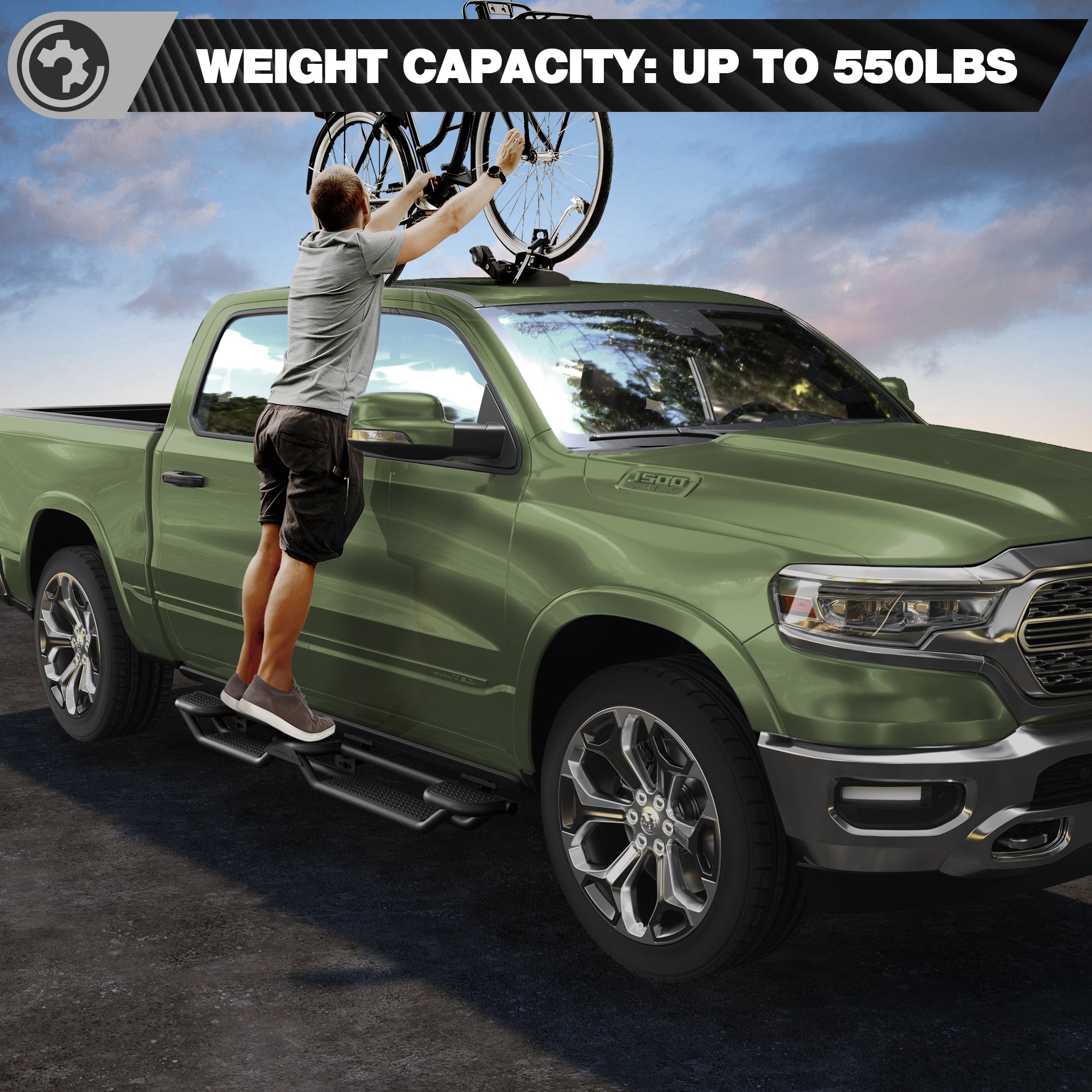 Running Boards for 2009-2018 Ram 1500 Quad Cab | 3-Step Side Steps, Heavy-Duty Carbon Steel, 550 lbs Load Capacity, Anti-Slip Nerf Bars