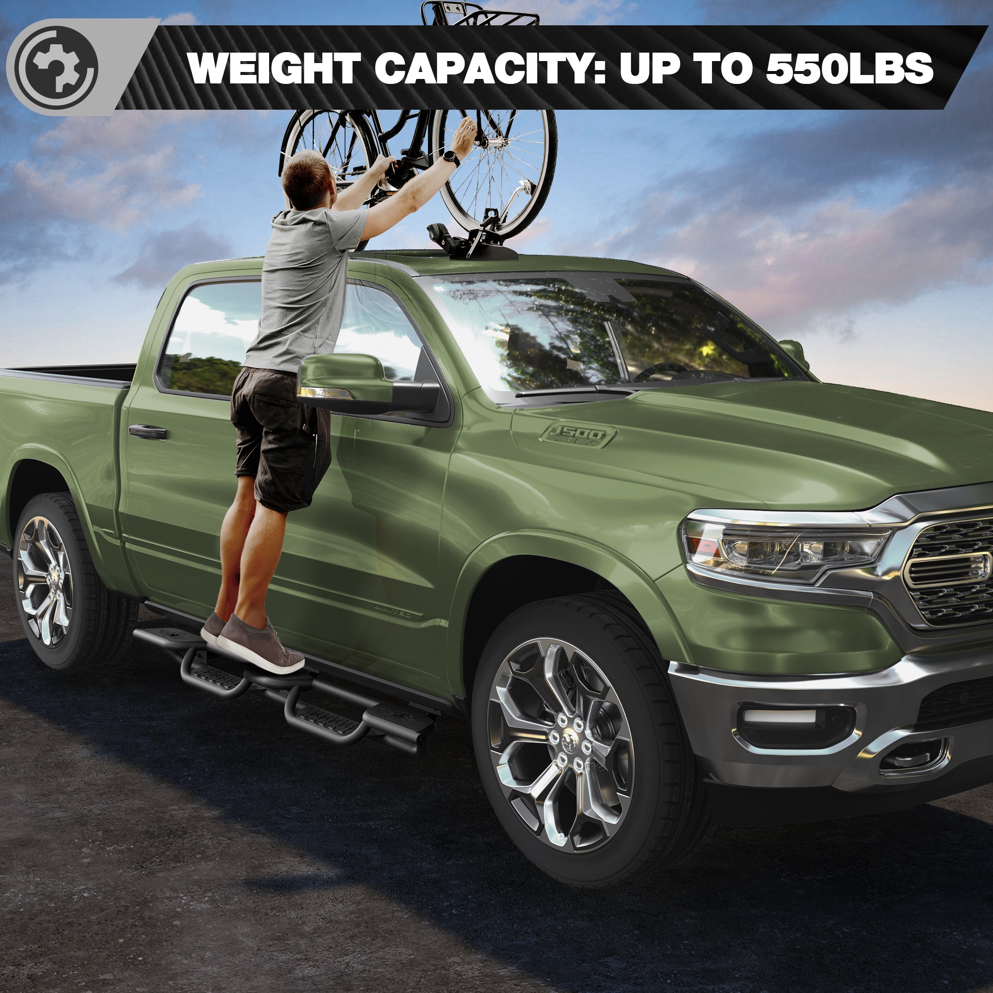 Running Boards for 2019-2026 Ram 1500 New Body Crew Cab (Excl. Classic) | Wide 3-Step Nerf Bars, Heavy-Duty Carbon Steel, 550 lbs Load Capacity, Anti-Slip Side Steps