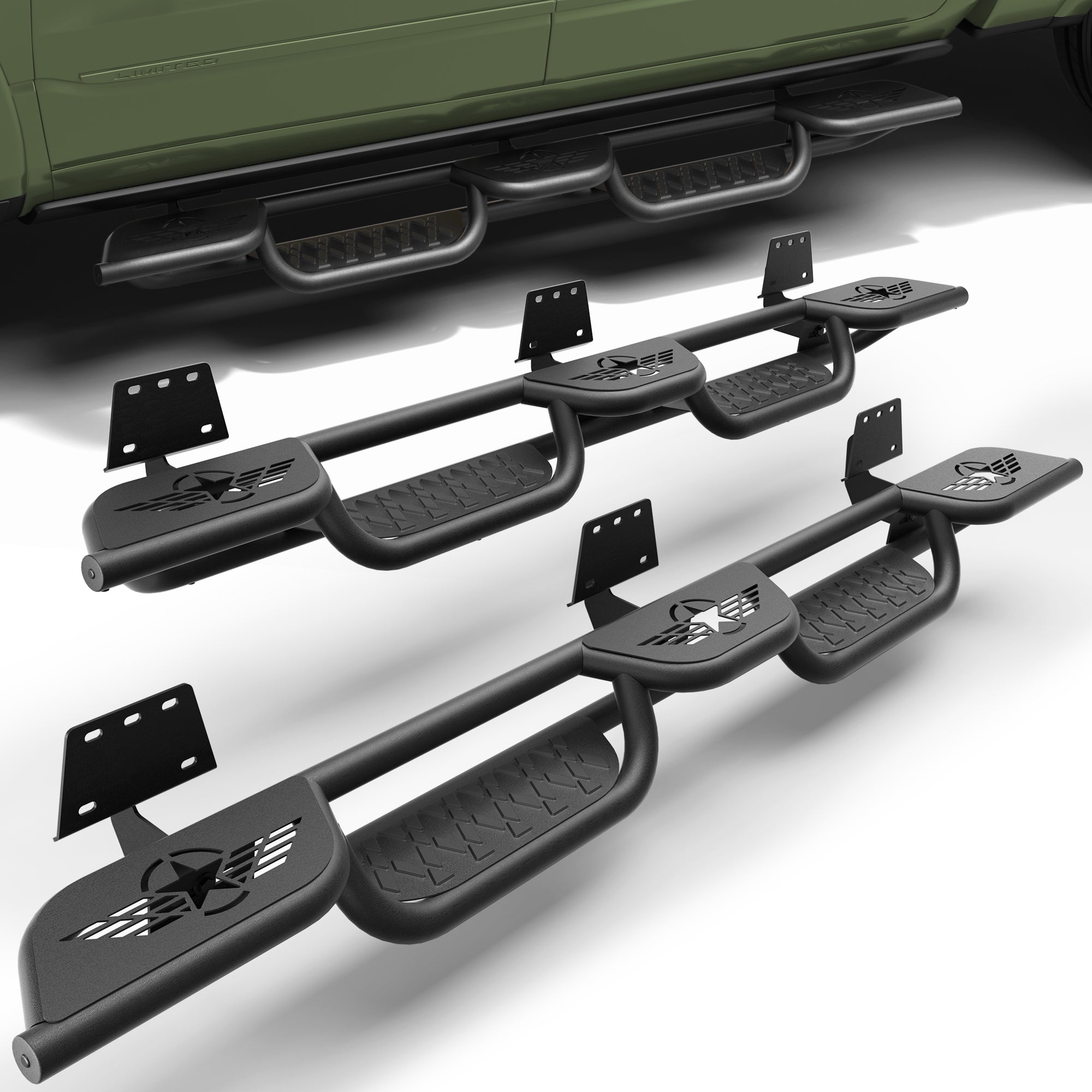 Running Boards for 2019-2026 Ram 1500 New Body Crew Cab (Excl. Classic) | Wide 3-Step Nerf Bars, Heavy-Duty Carbon Steel, 550 lbs Load Capacity, Anti-Slip Side Steps