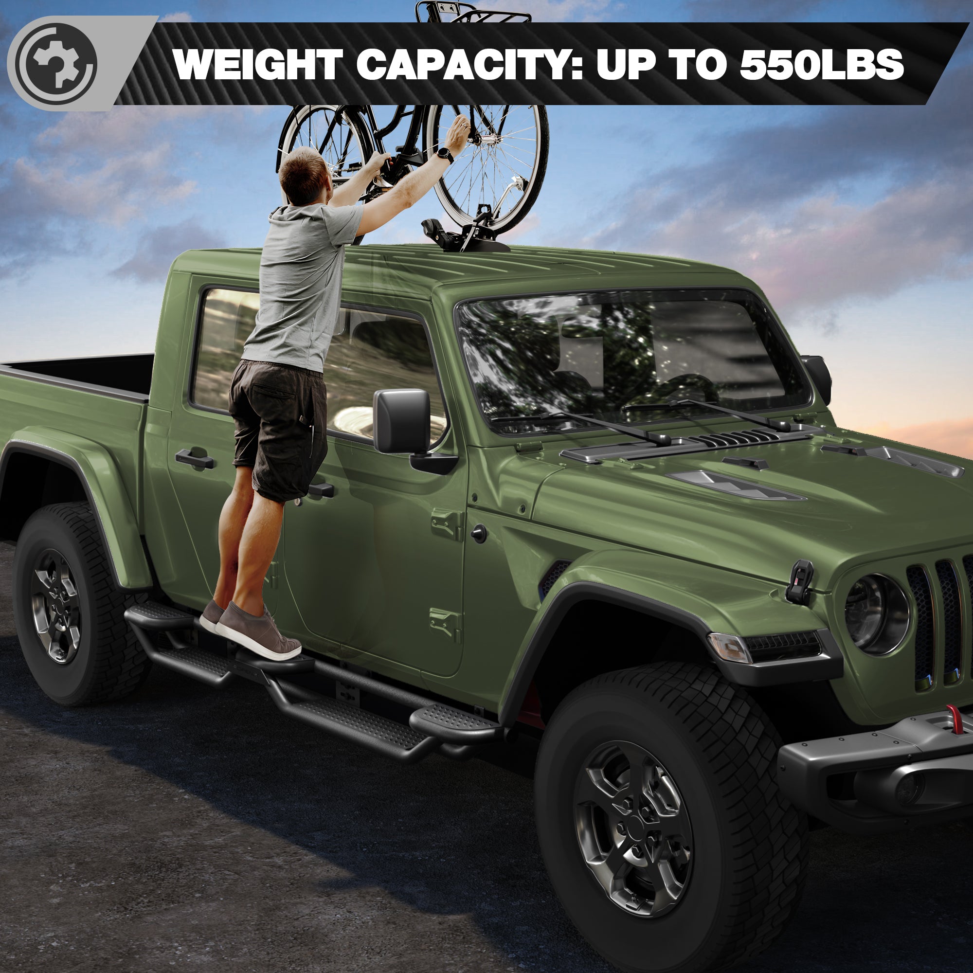 Running Boards for 2020-2026 Jeep Gladiator JT (4-Door) | 3-Step Side Steps, Heavy-Duty Carbon Steel, 550 lbs Load Capacity
