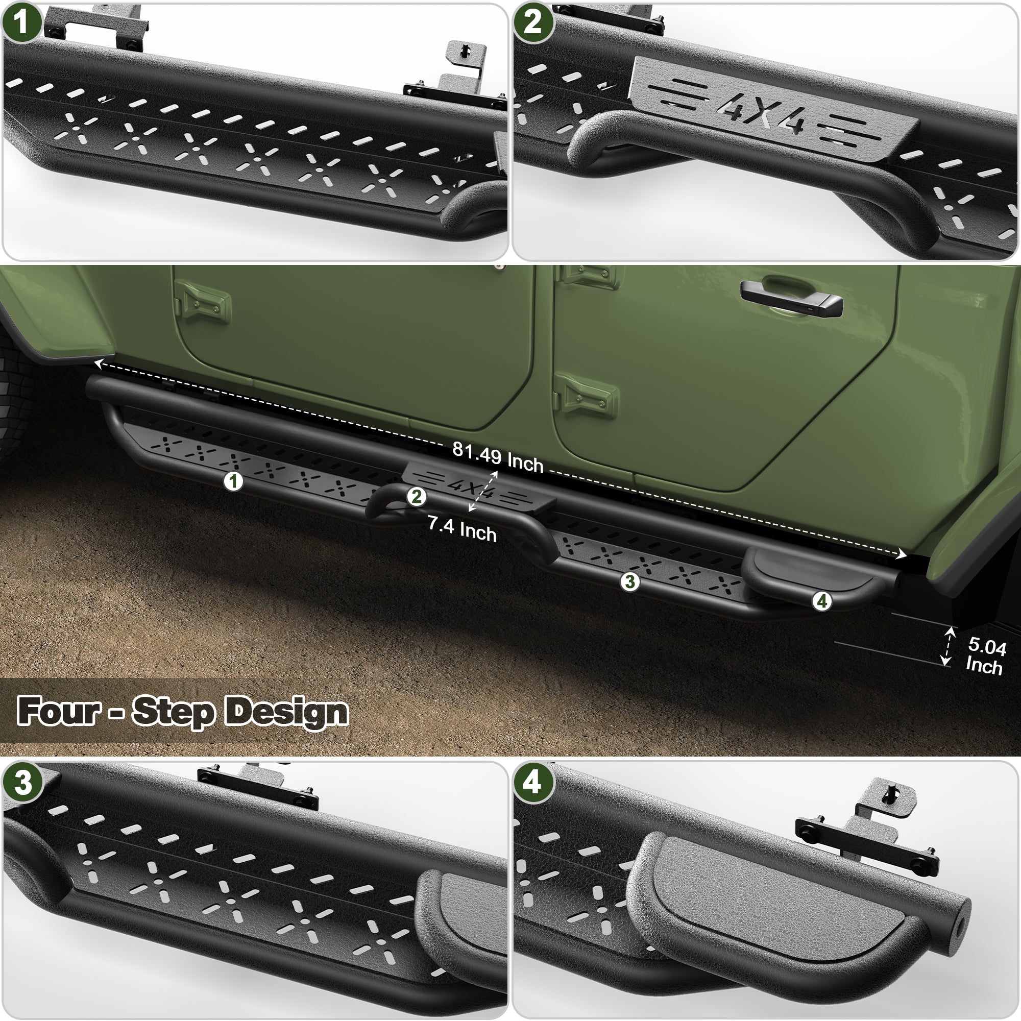 Running Boards for 2020-2026 Jeep Gladiator JT (4-Door) | 2-Step Side Steps, Heavy-Duty Carbon Steel, 550 lbs Load Capacity