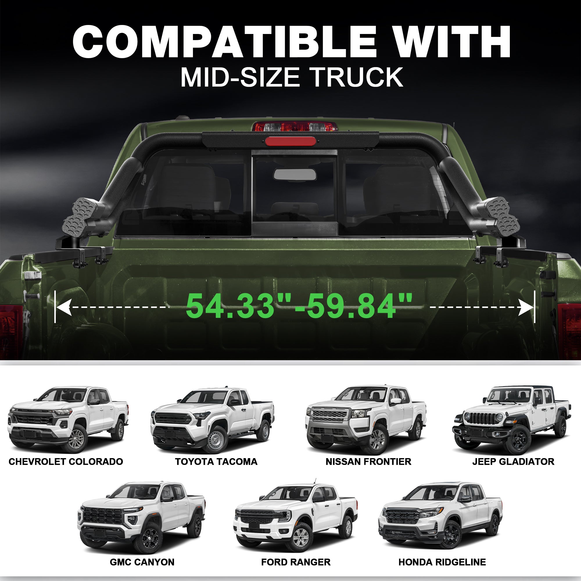 Truck Roll Bar for Mid-Size Trucks, Adjustable Sport Bar & Chase Rack Compatible with Toyota Tacoma, Jeep Gladiator JT, Chevy Colorado, GMC Canyon, Ford Ranger, Nissan Frontier & Honda Ridgeline