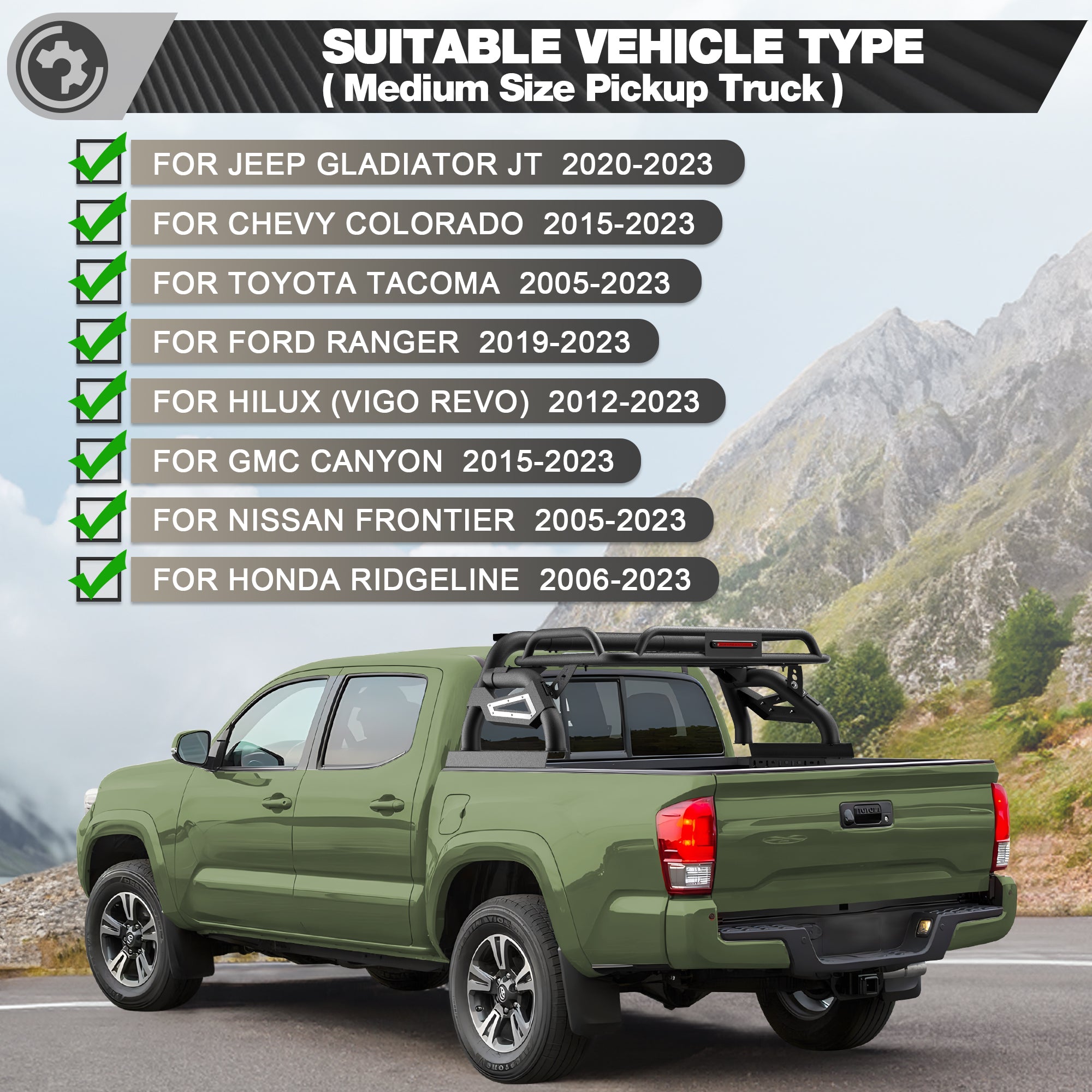 Truck Roll Bar with Cargo Basket for Mid-Size Trucks, Overland Sport Bar Bed Rack