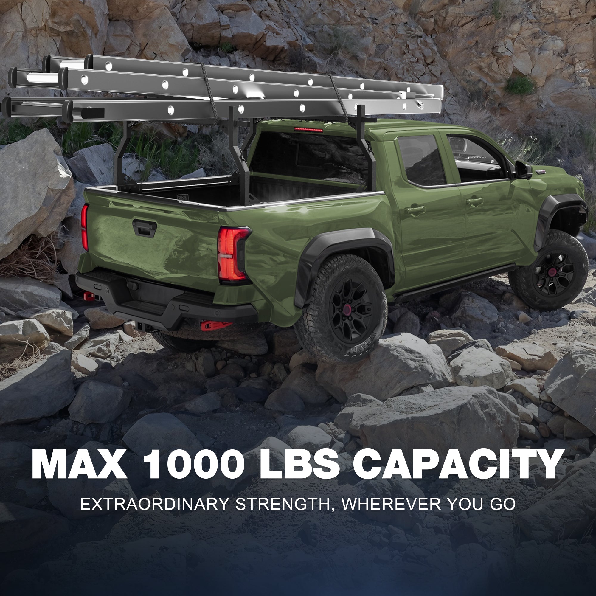 Universal Truck Bed Rack for Pickup Trucks, Heavy Duty Adjustable Ladder Rack for Kayak, Bike & Rooftop Tent, No-Drill Cargo Rack with 1000 lbs Capacity