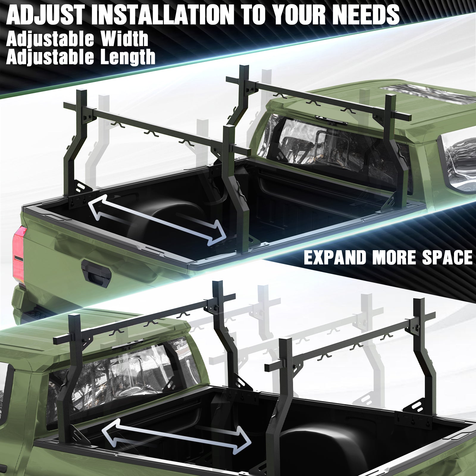 Universal Truck Bed Rack for Pickup Trucks, Heavy Duty Adjustable Ladder Rack for Kayak, Bike & Rooftop Tent, No-Drill Cargo Rack with 1000 lbs Capacity
