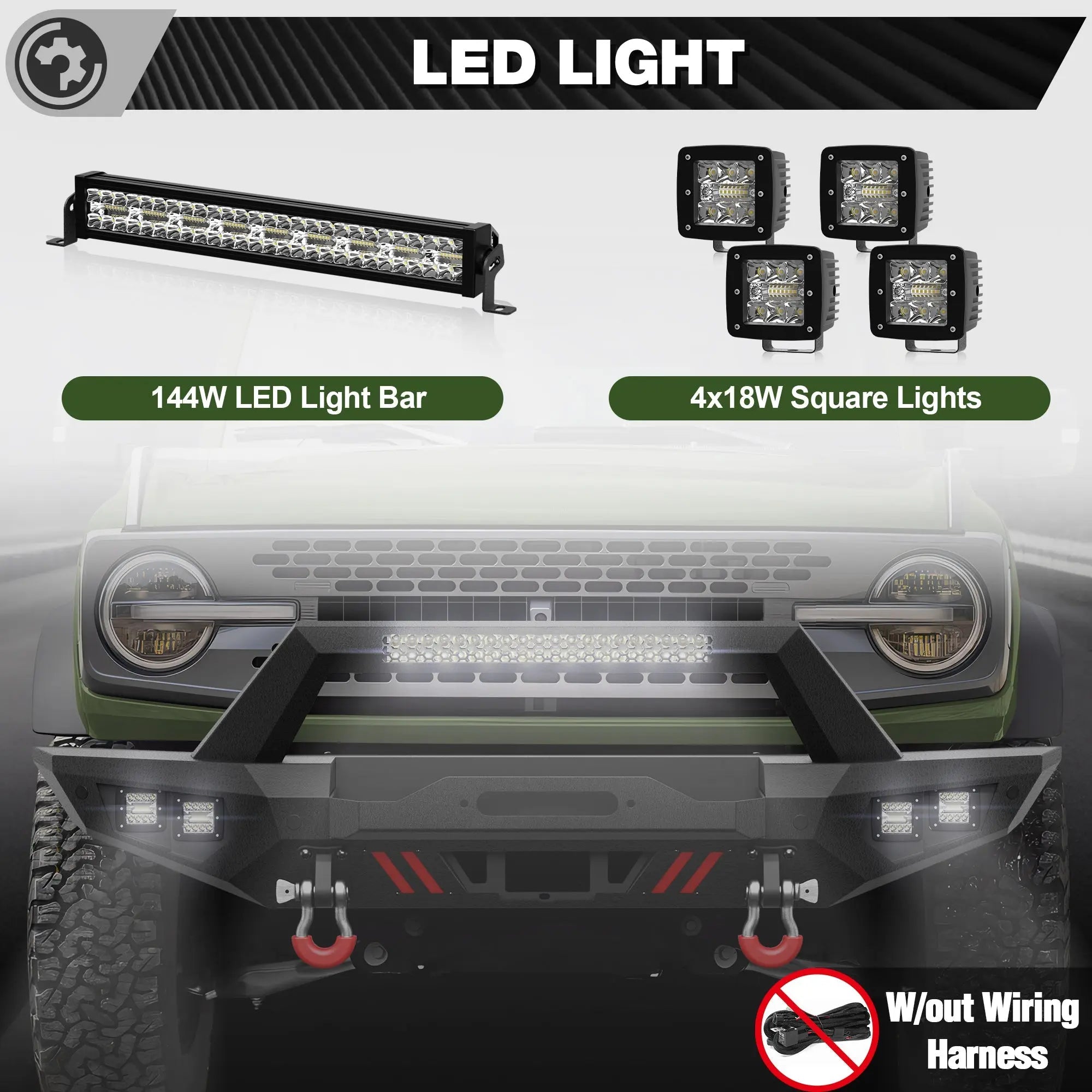 Bronco Front Bumper for 2021-2026 Ford Bronco | Off-Road Front Bumper with Winch Plate, LED Lights, D-Ring & Sensor Holes (Excludes Bronco Sport & Raptor) - nadiaauto