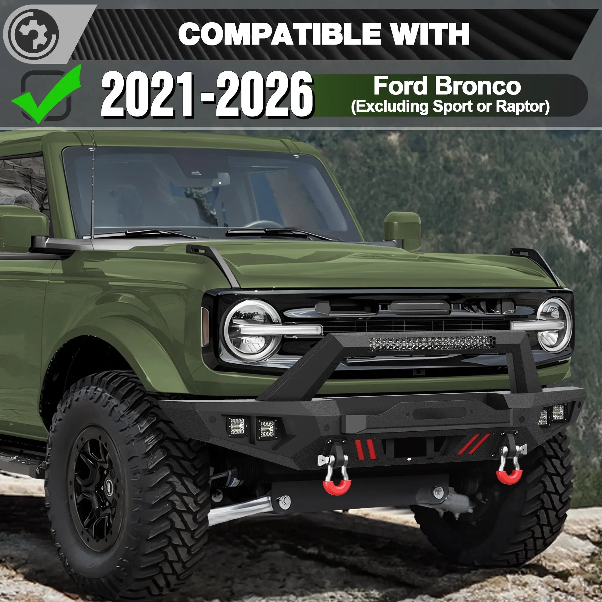 Bronco Front Bumper for 2021-2026 Ford Bronco | Off-Road Front Bumper with Winch Plate, LED Lights, D-Ring & Sensor Holes (Excludes Bronco Sport & Raptor) - nadiaauto