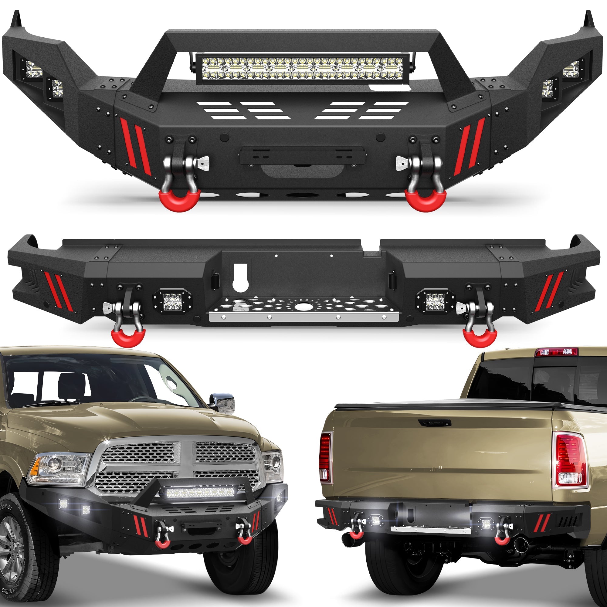 Durable Bumpers for Ram 1500, Fit 2013-2018 & 2019-2024 Classic, Winch Plate, Bright LED - nadiaauto