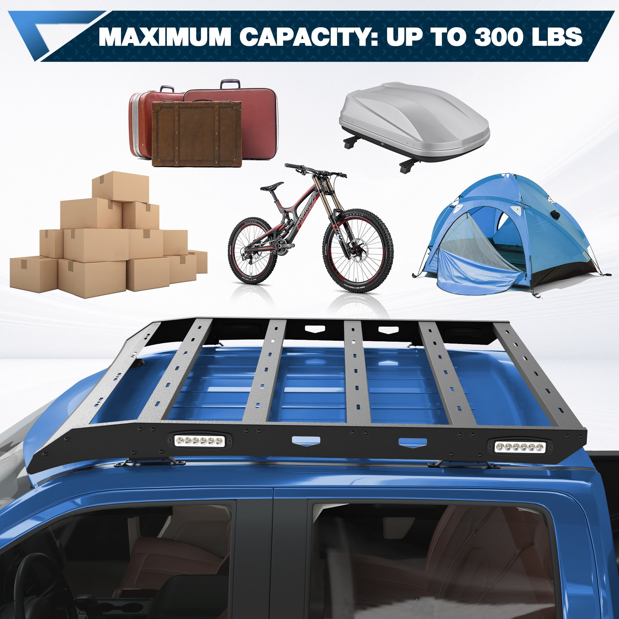 F150 Roof Rack Top Cargo Carrier with Side LED Lights Compatible with 2009 2010 2011 2012 2013 2014 Ford F150 7th Gen SuperCrew (4 Doors Only) - nadiaauto
