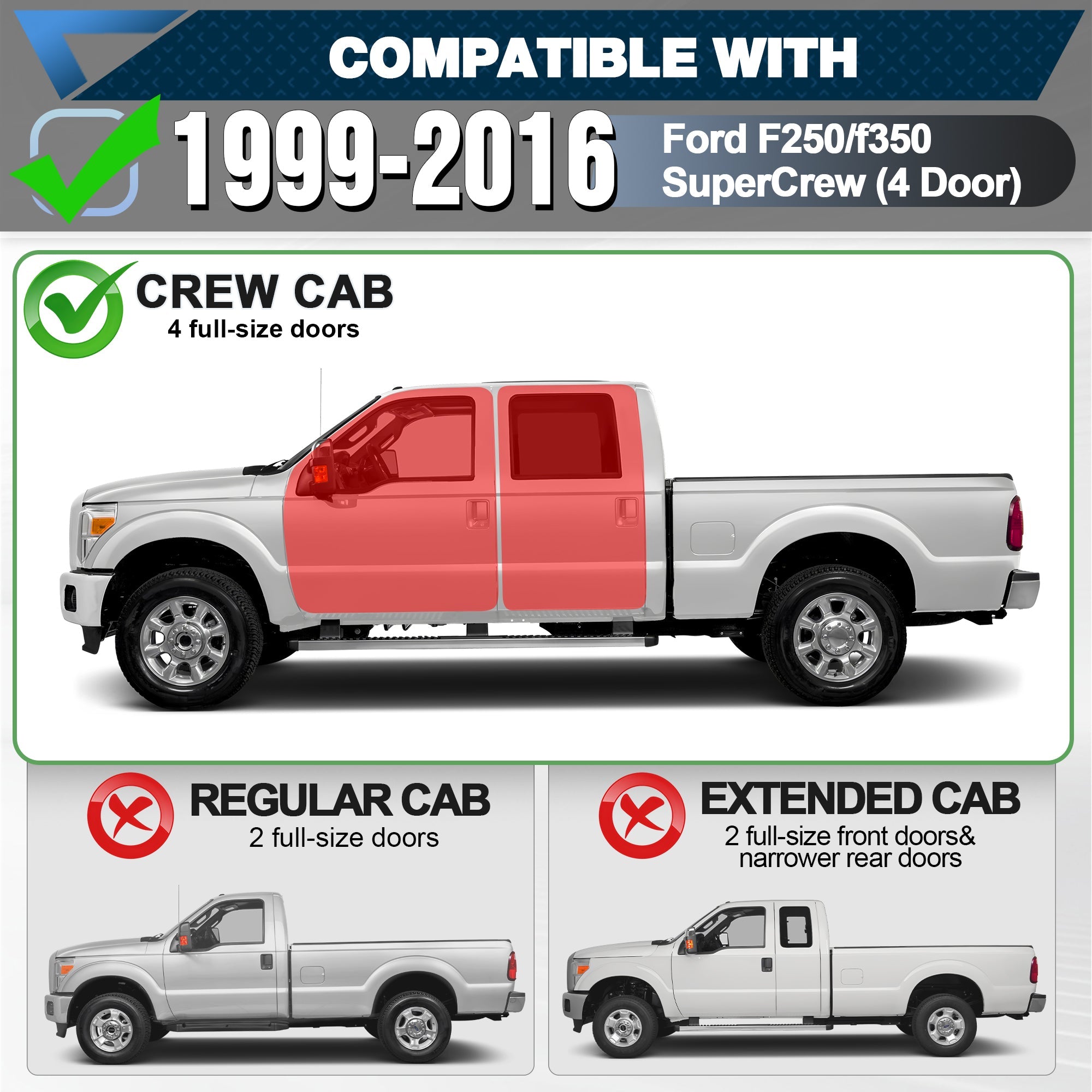 F250 Running Boards Side Steps Compatible for 1999 - 2016 Ford F250 SuperCrew (4 Door) - nadiaauto