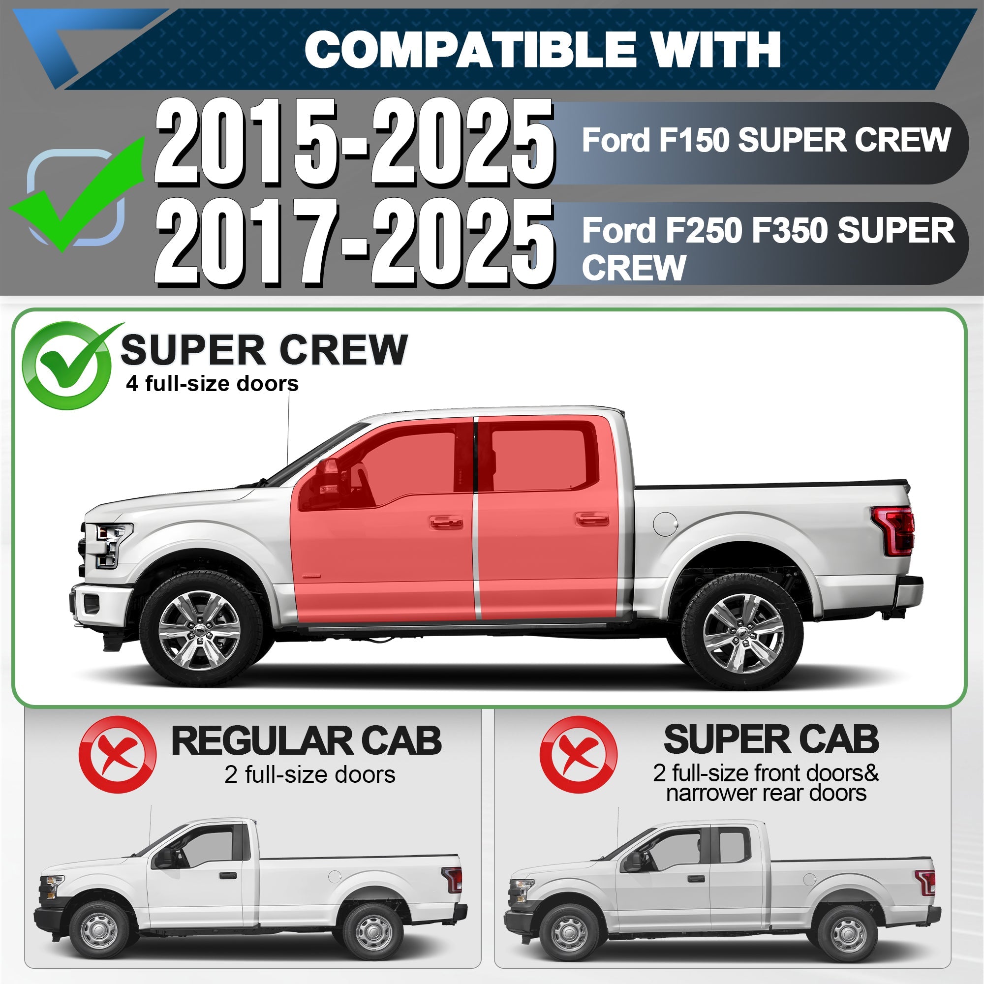 F250/F350 Running Boards Side Steps Compatible with 2015 - 2025 Ford F150,2017 - 2025 F250/F350 - nadiaauto