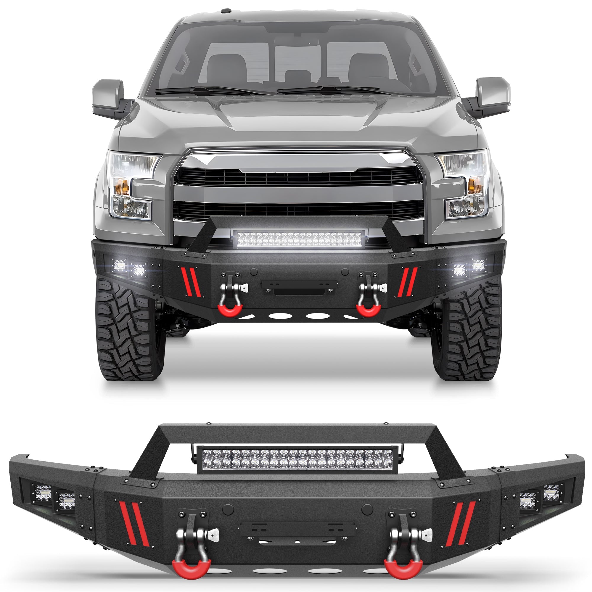 Heavy-Duty Off-Road Front Bumper for Ford F150 2015 2016 2017 with Winch Plate and Bright LED Light - nadiaauto