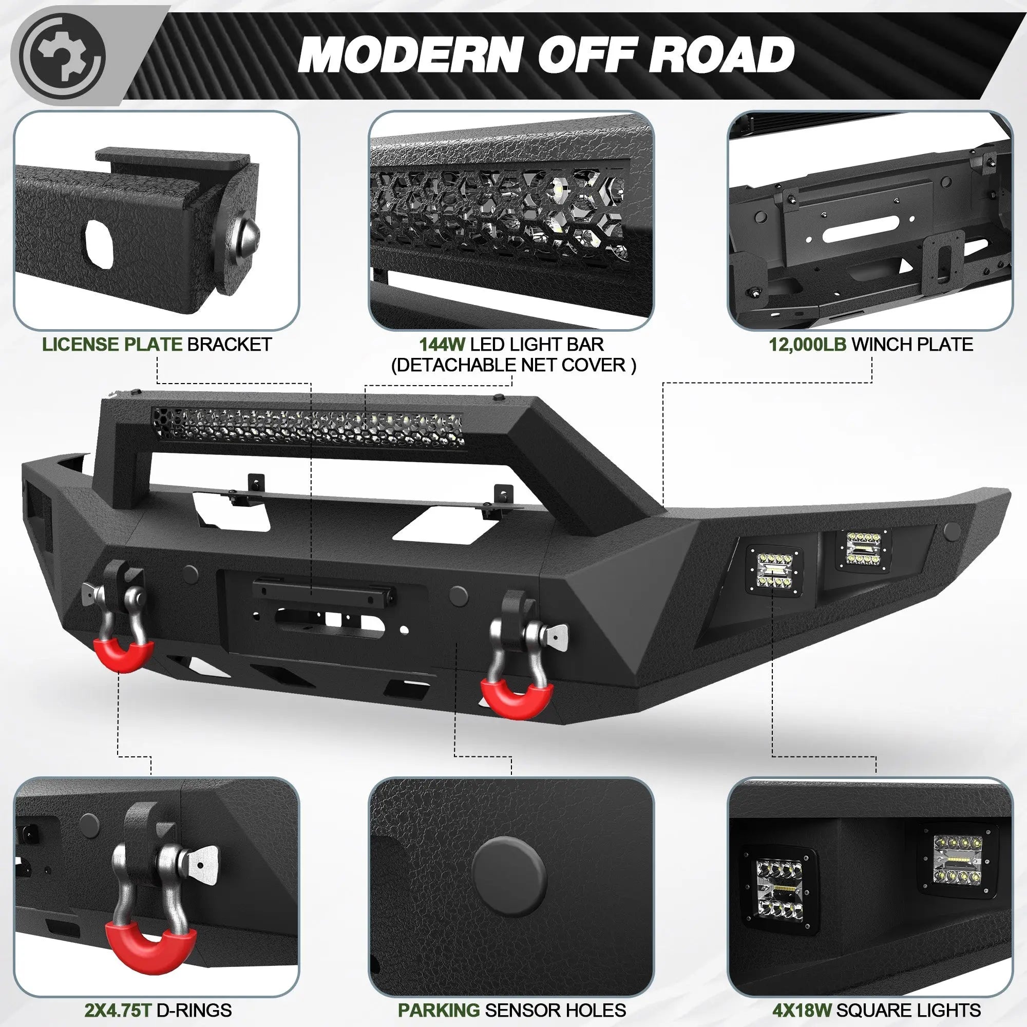 Front Bumper for 2009-2014 Ford F-150 | Heavy-Duty Steel Front Bumper with Winch Plate, LED Lights, D-Ring & License Plate Bracket (Excludes Raptor) - nadiaauto