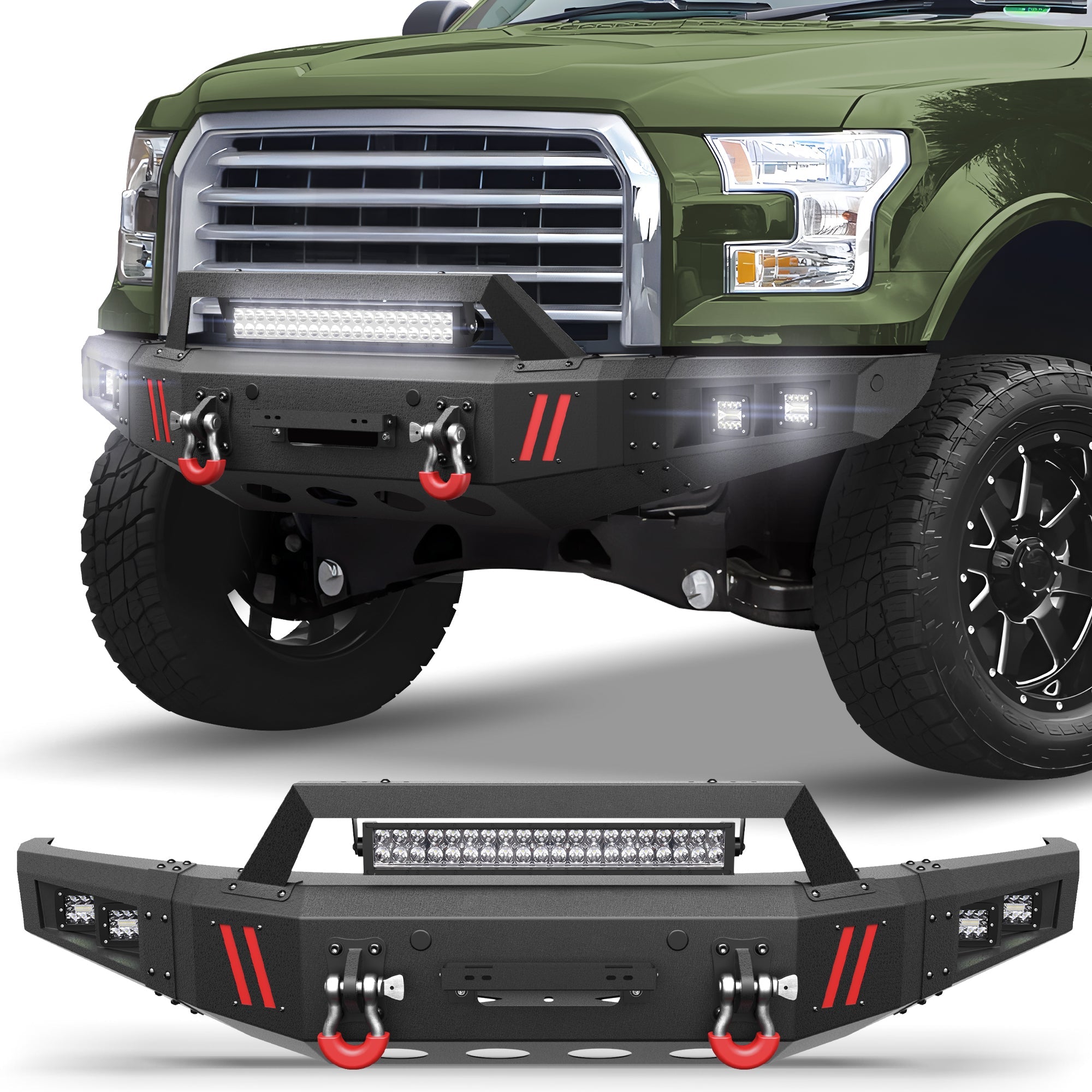 Heavy-Duty Off-Road Front Bumper for Ford F150 2015 2016 2017 with Winch Plate and Bright LED Light - nadiaauto