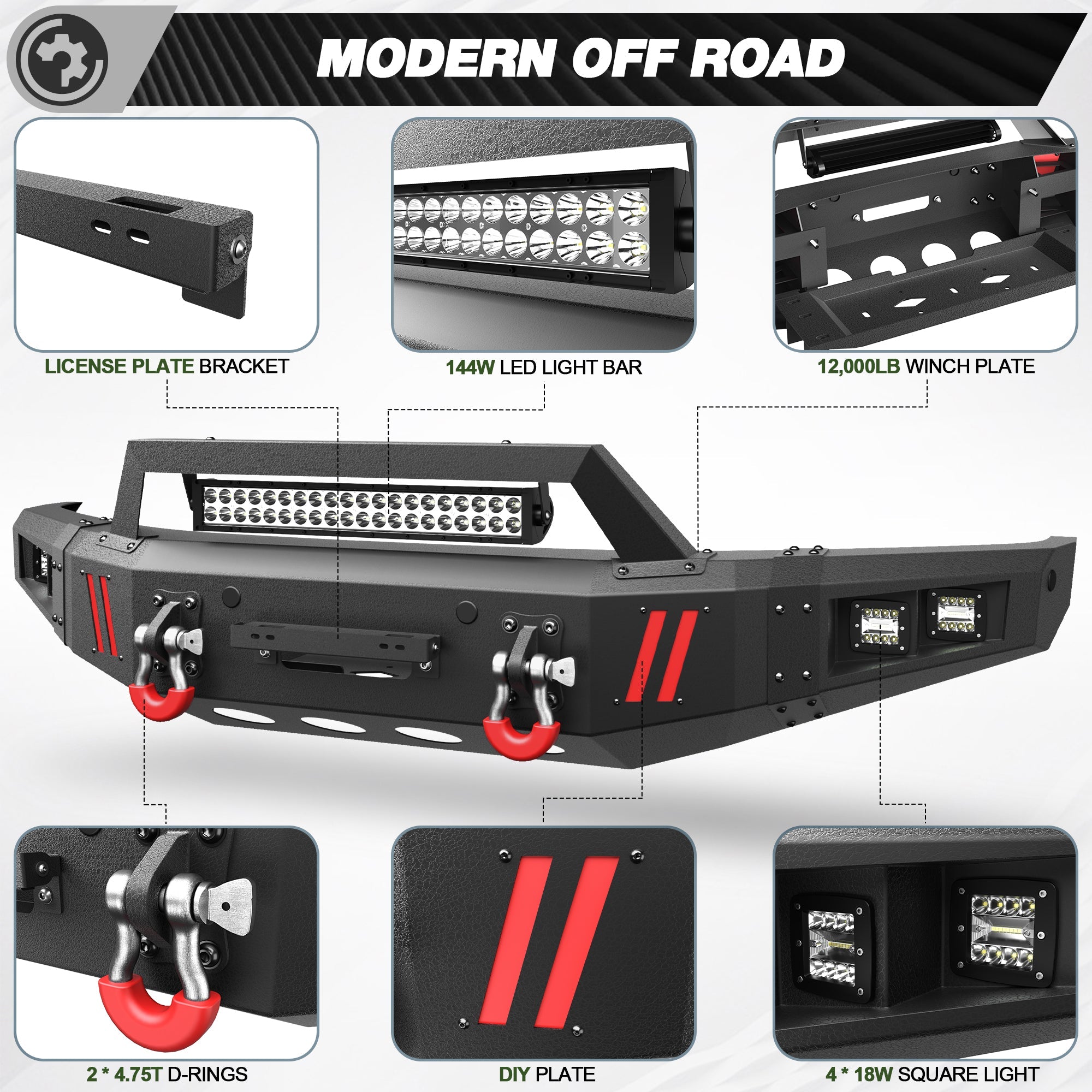Heavy-Duty Off-Road Front Bumper for Ford F150 2015 2016 2017 with Winch Plate and Bright LED Light - nadiaauto