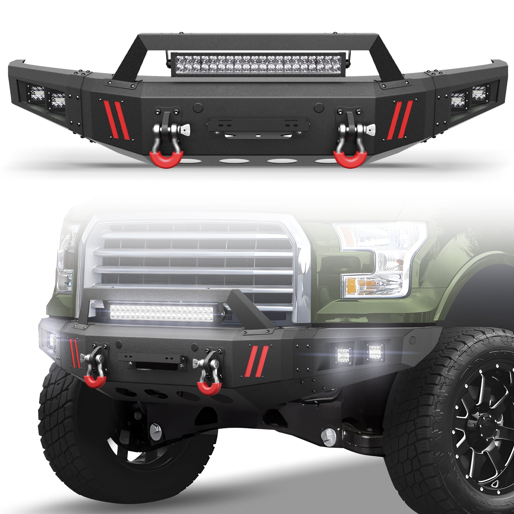 Heavy-Duty Off-Road Front Bumper for Ford F150 2015 2016 2017 with Winch Plate and Bright LED Light - nadiaauto
