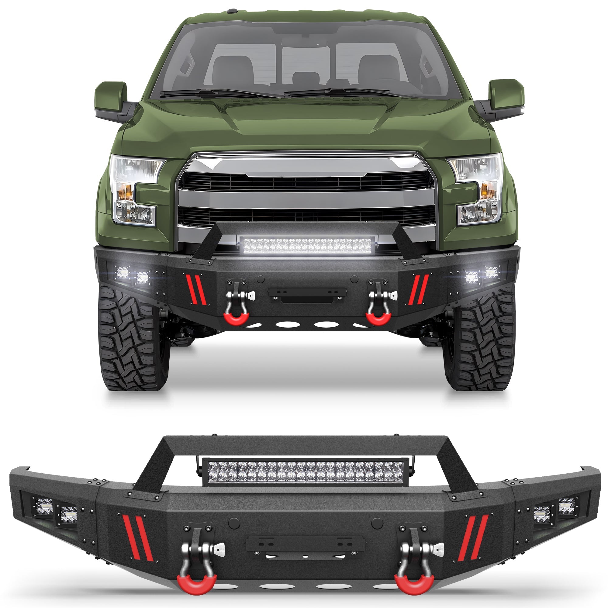 Heavy-Duty Off-Road Front Bumper for Ford F150 2015 2016 2017 with Winch Plate and Bright LED Light - nadiaauto