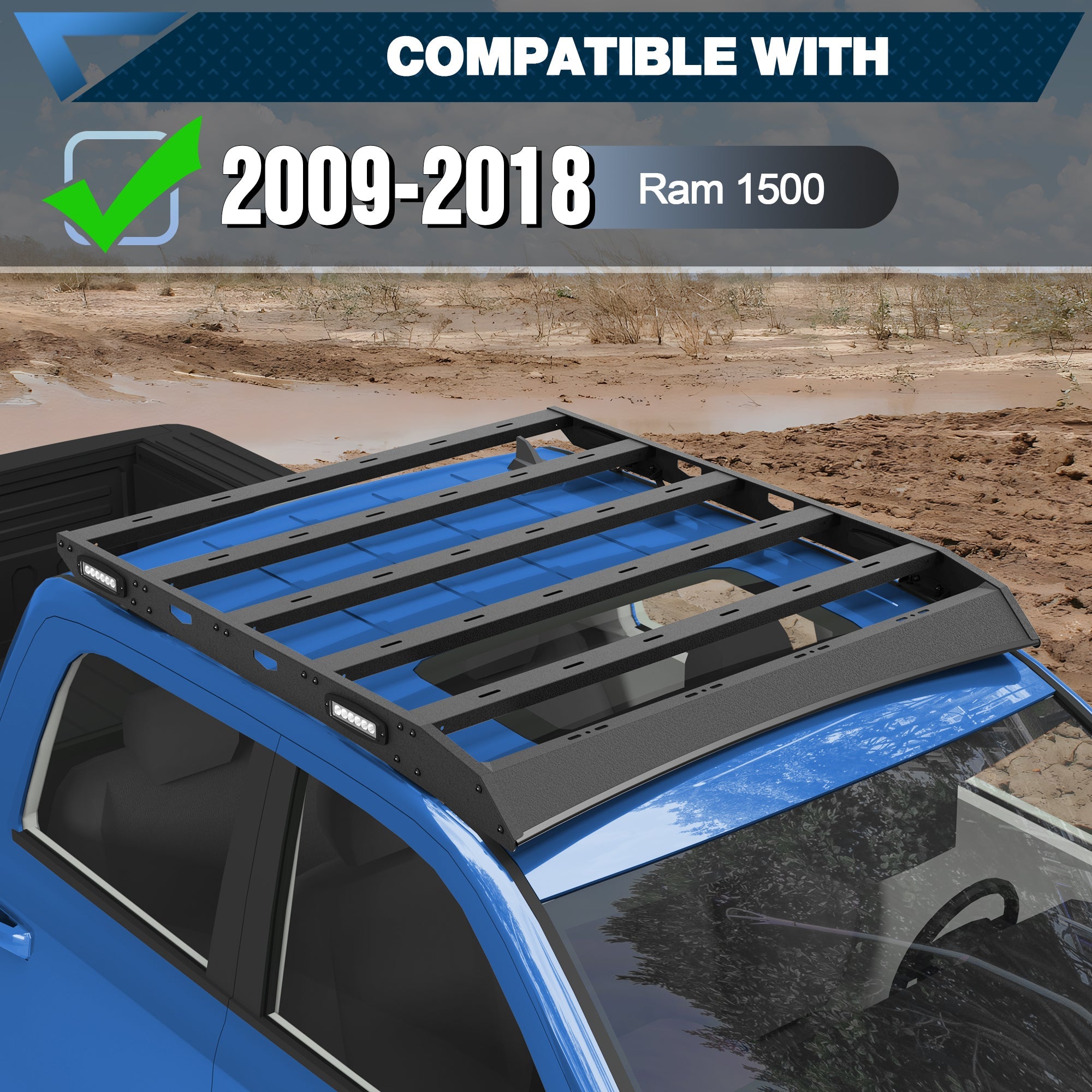 Ram 1500 Roof Rack Top Cargo Carrier with Side LED Lights Compatible with 2009 - 2018 Ram 1500 4th Gen Crew Cab - nadiaauto
