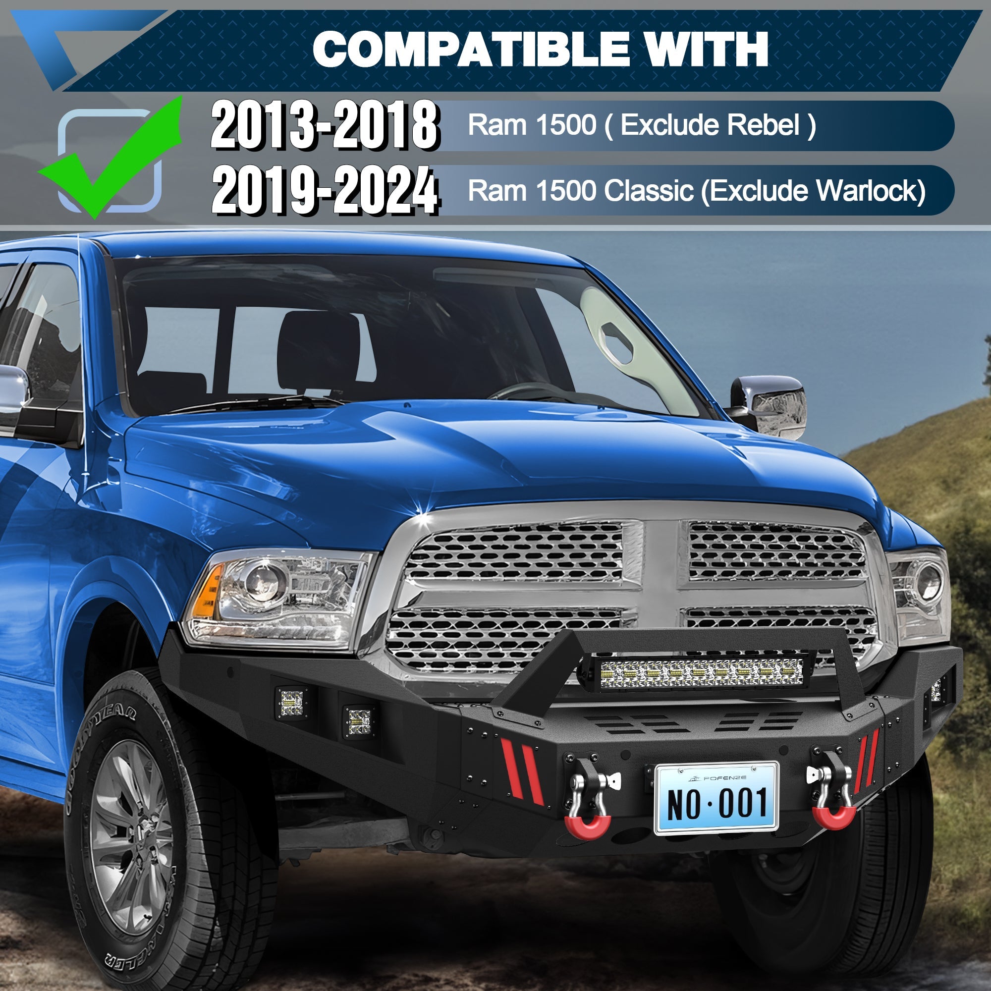 Durable Bumpers for Ram 1500, Fit 2013-2018 & 2019-2024 Classic, Winch Plate, Bright LED - nadiaauto