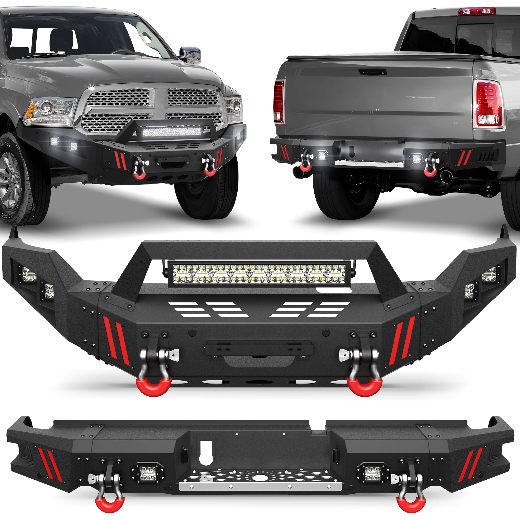 Durable Bumpers for Ram 1500, Fit 2013-2018 & 2019-2024 Classic, Winch Plate, Bright LED - nadiaauto