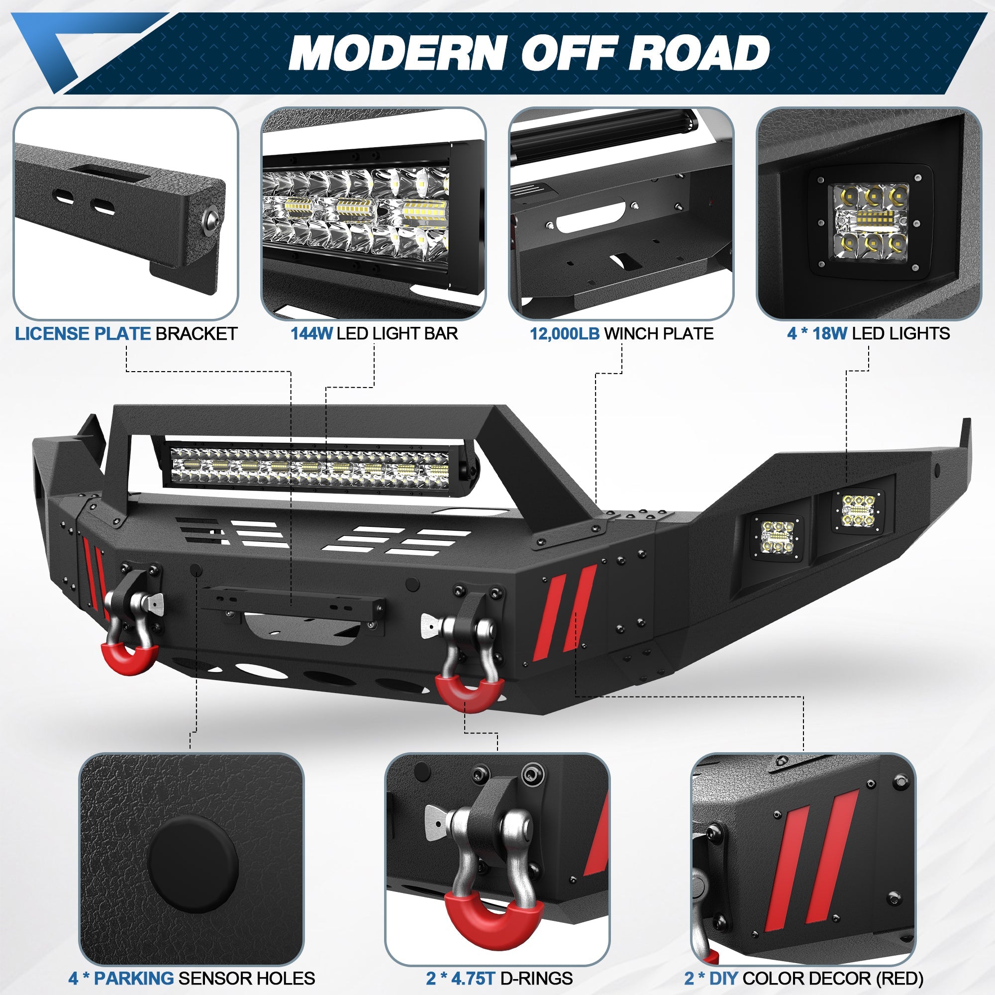 Durable Bumpers for Ram 1500, Fit 2013-2018 & 2019-2024 Classic, Winch Plate, Bright LED - nadiaauto