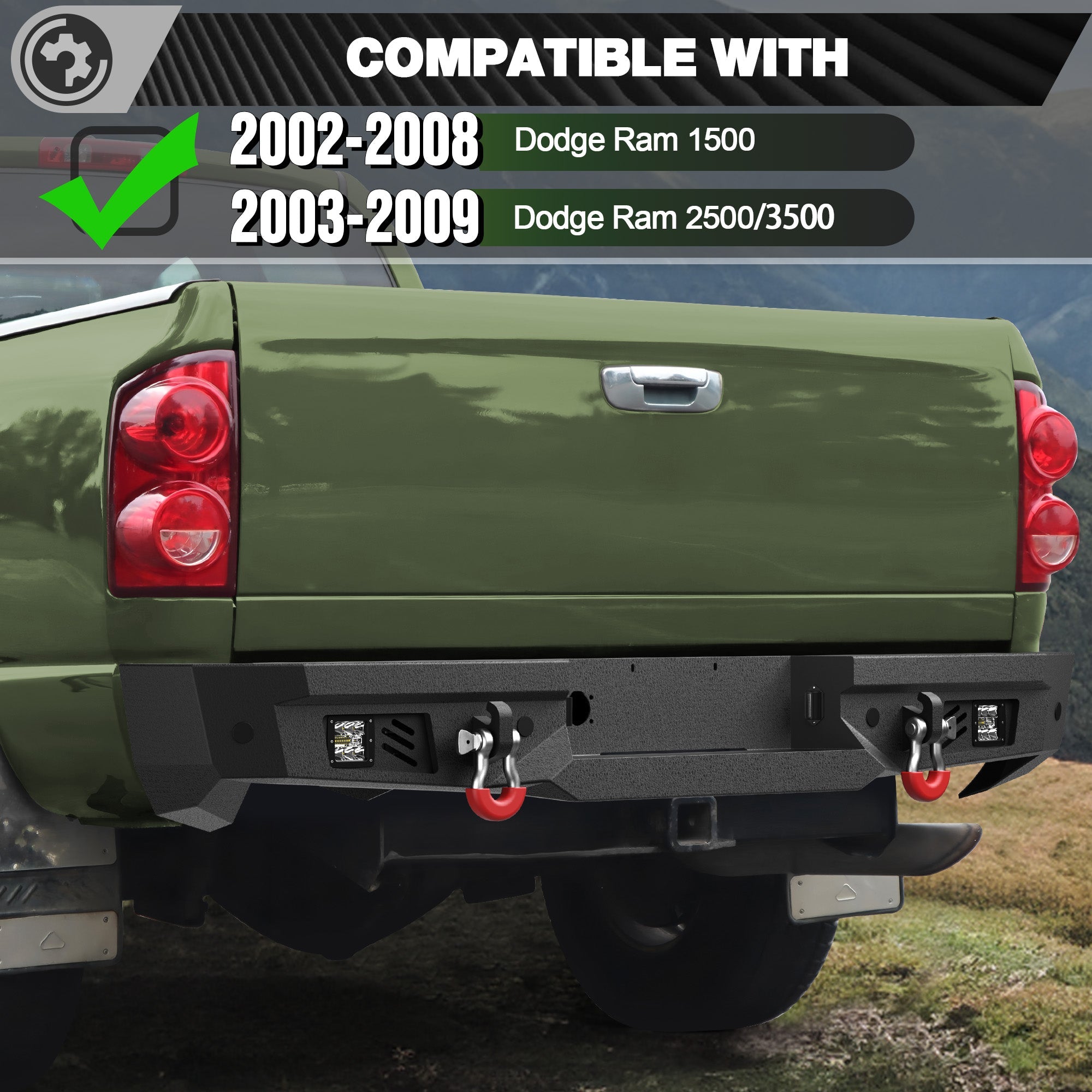 Ram Rear Bumper for 2002-2008 Ram 1500 & 2003-2009 Ram 2500/3500 | Heavy-Duty Steel Rear Bumper with Step Plate, LED Lights, D-Ring & Parking Sensor Holes - nadiaauto